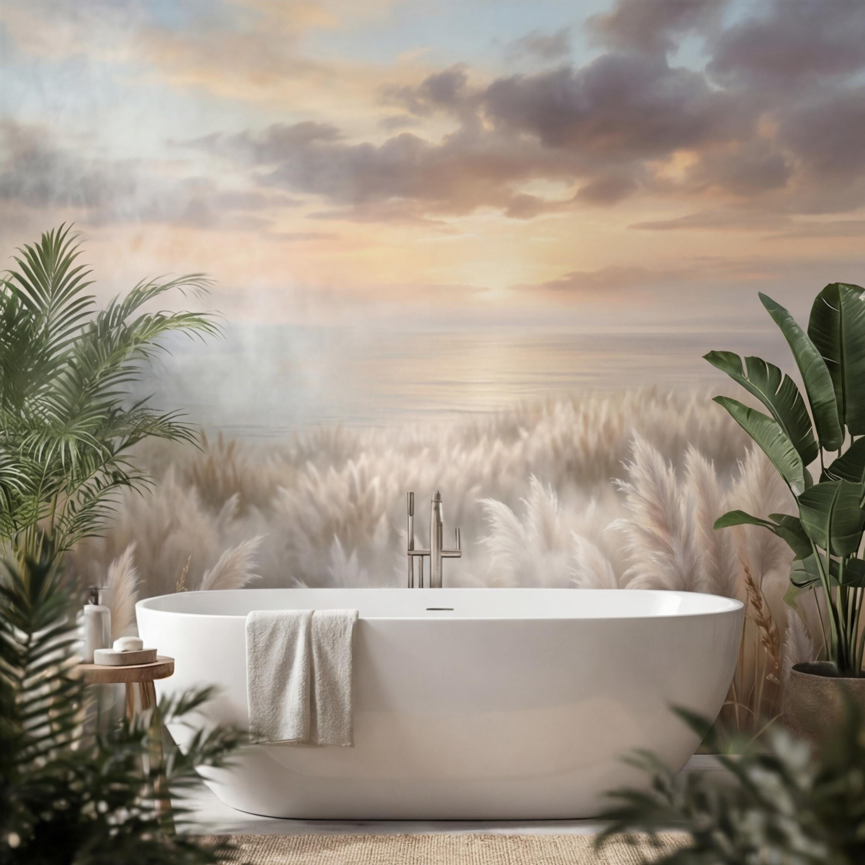 Pampas Grass Coastal Sunset Peel and Stick Wall Mural, Neutral Beige Beach Wallpaper, Boho Bedroom Living Room Wall Decor