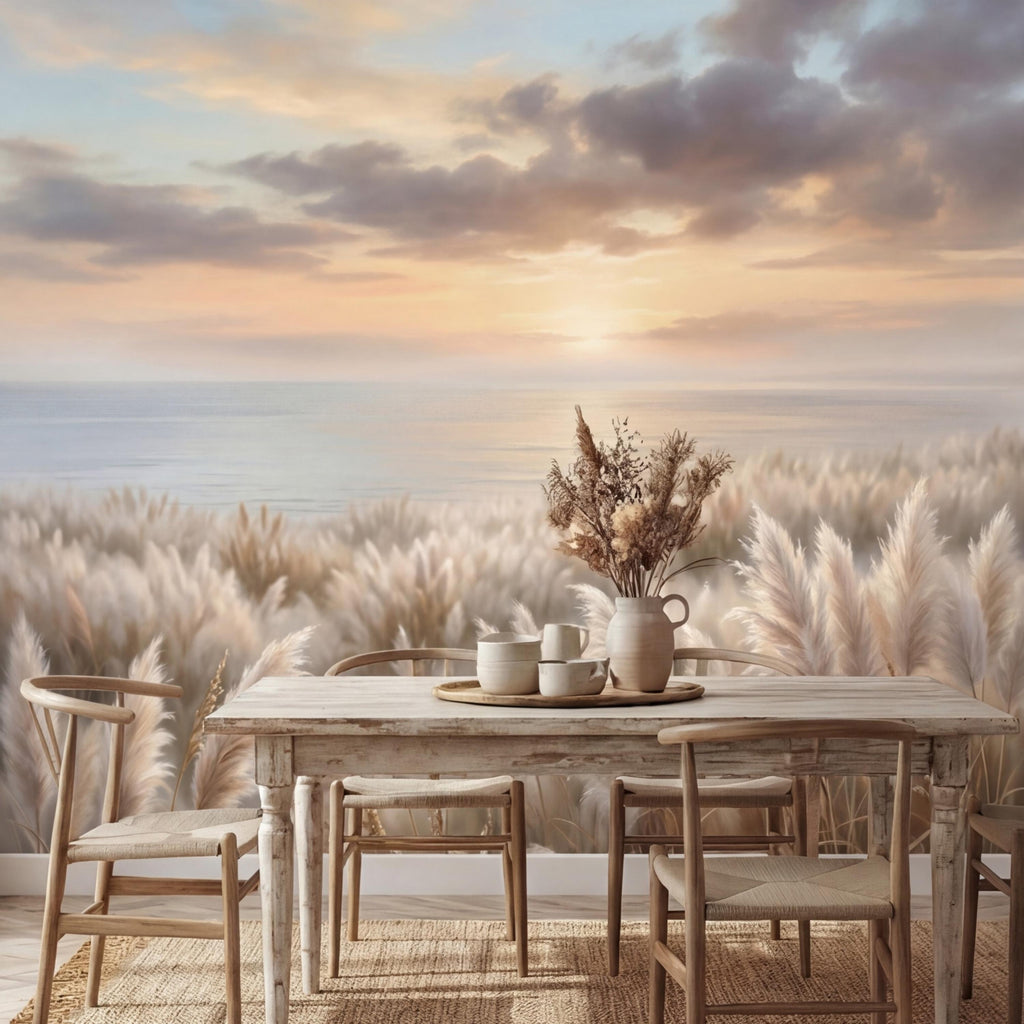 Pampas Grass Coastal Sunset Peel and Stick Wall Mural, Neutral Beige Beach Wallpaper, Boho Bedroom Living Room Wall Decor
