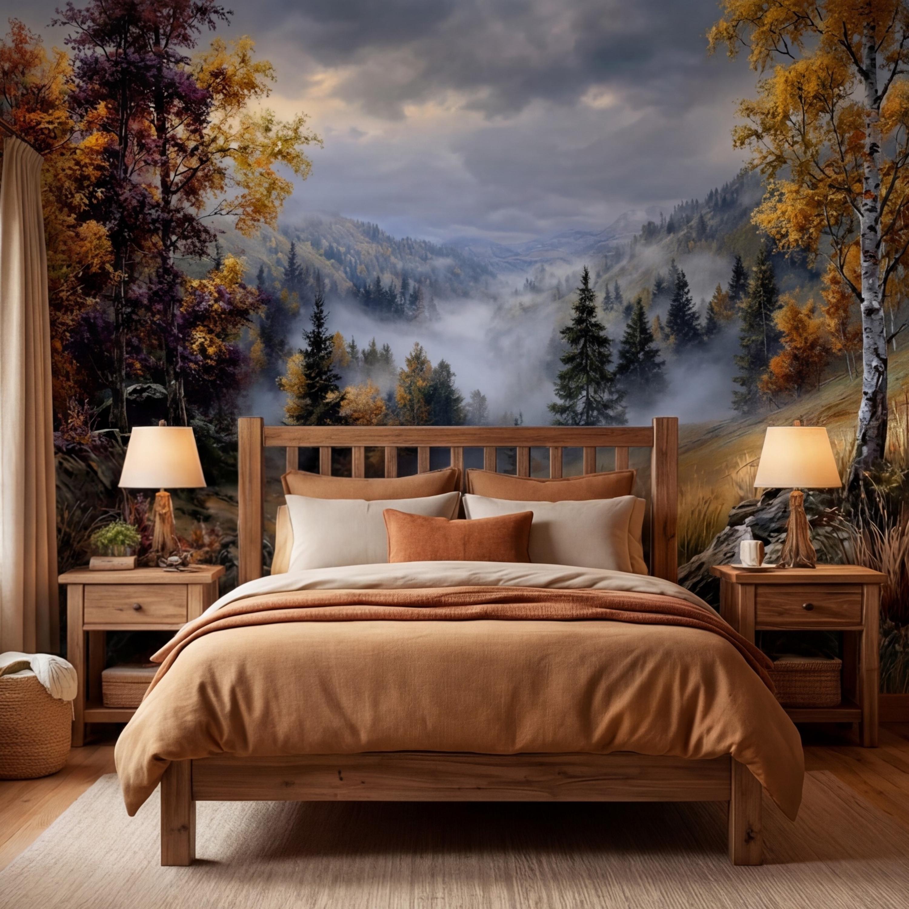 Vintage Oil Painting Autumn Mountain Valley Landscape Peel and Stick Wall Mural, Misty Forest Trail, Fall Foliage Scenic Nature Wallpaper