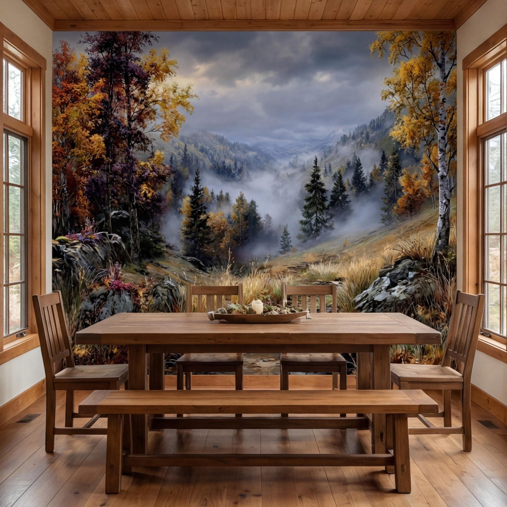 Vintage Oil Painting Autumn Mountain Valley Landscape Peel and Stick Wall Mural, Misty Forest Trail, Fall Foliage Scenic Nature Wallpaper