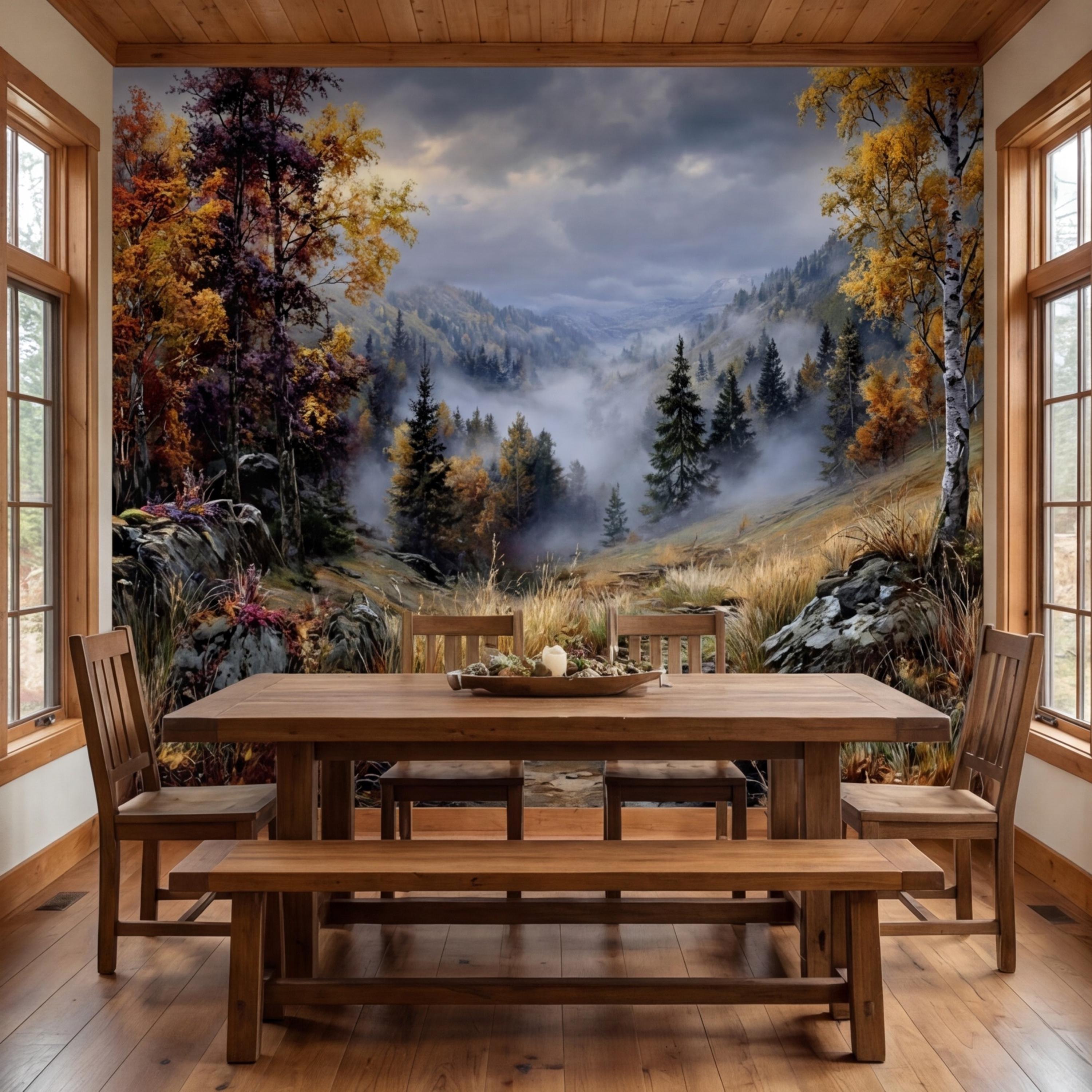 Vintage Oil Painting Autumn Mountain Valley Landscape Peel and Stick Wall Mural, Misty Forest Trail, Fall Foliage Scenic Nature Wallpaper