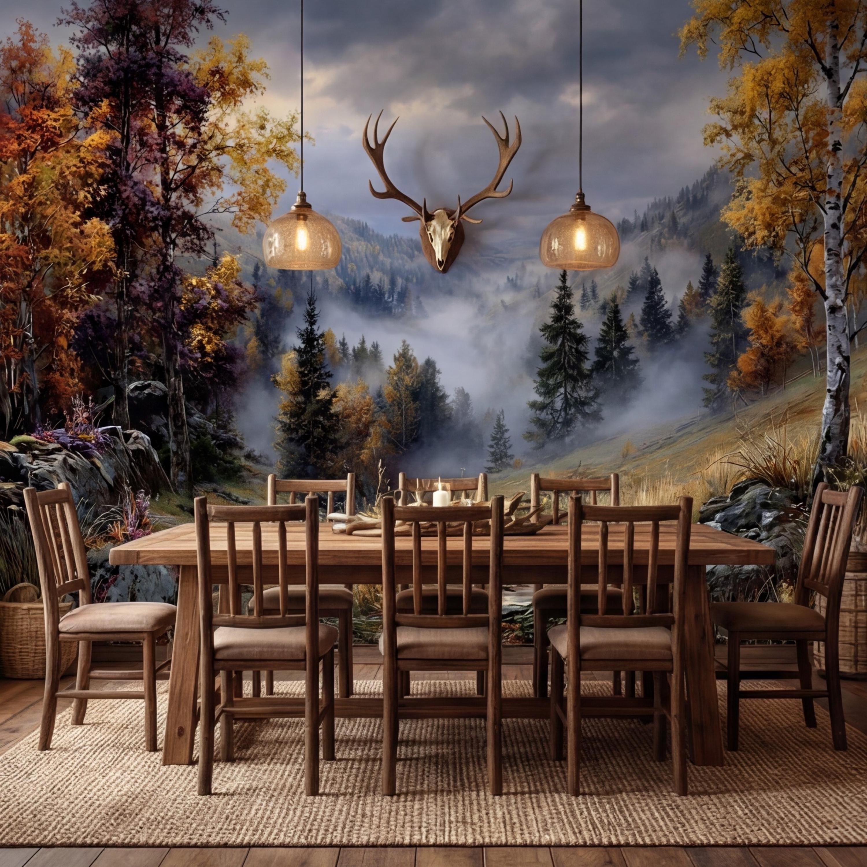 Vintage Oil Painting Autumn Mountain Valley Landscape Peel and Stick Wall Mural, Misty Forest Trail, Fall Foliage Scenic Nature Wallpaper