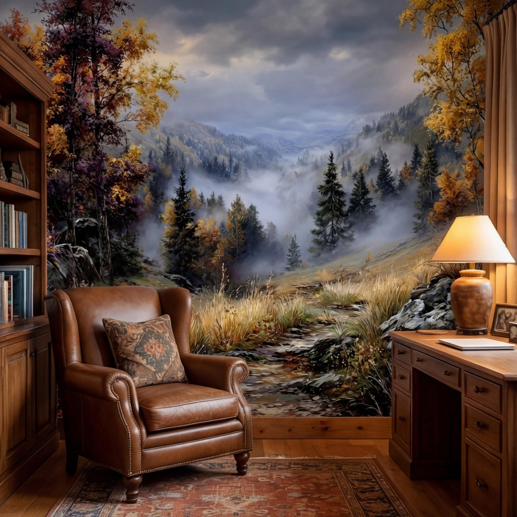 Vintage Oil Painting Autumn Mountain Valley Landscape Peel and Stick Wall Mural, Misty Forest Trail, Fall Foliage Scenic Nature Wallpaper