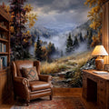 Vintage Oil Painting Autumn Mountain Valley Landscape Peel and Stick Wall Mural, Misty Forest Trail, Fall Foliage Scenic Nature Wallpaper