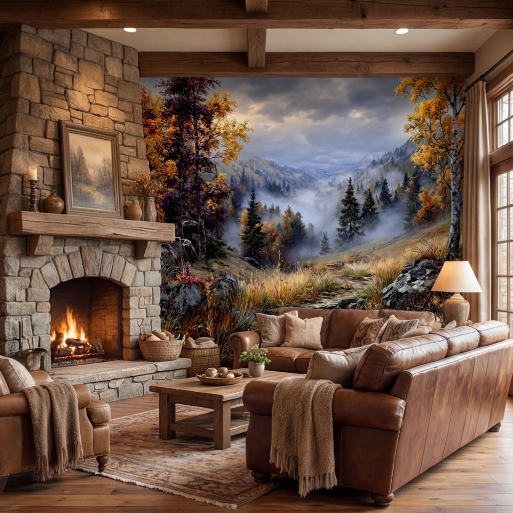 Vintage Oil Painting Autumn Mountain Valley Landscape Peel and Stick Wall Mural, Misty Forest Trail, Fall Foliage Scenic Nature Wallpaper
