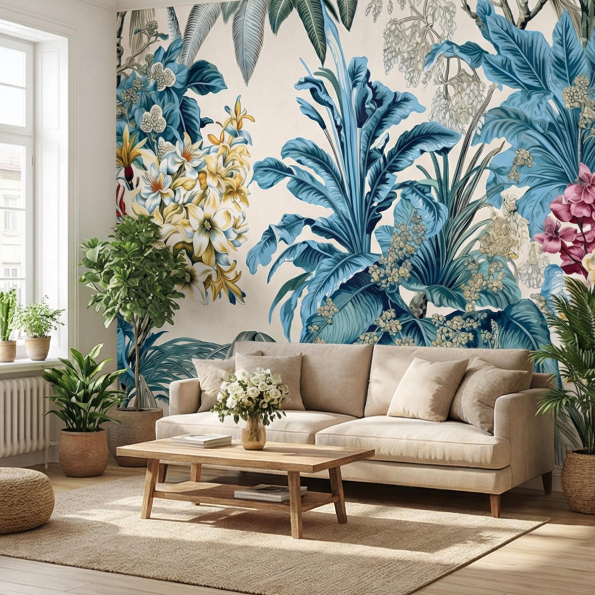 Cream wall mural with blue tropical banana leaves and white-gold flowers