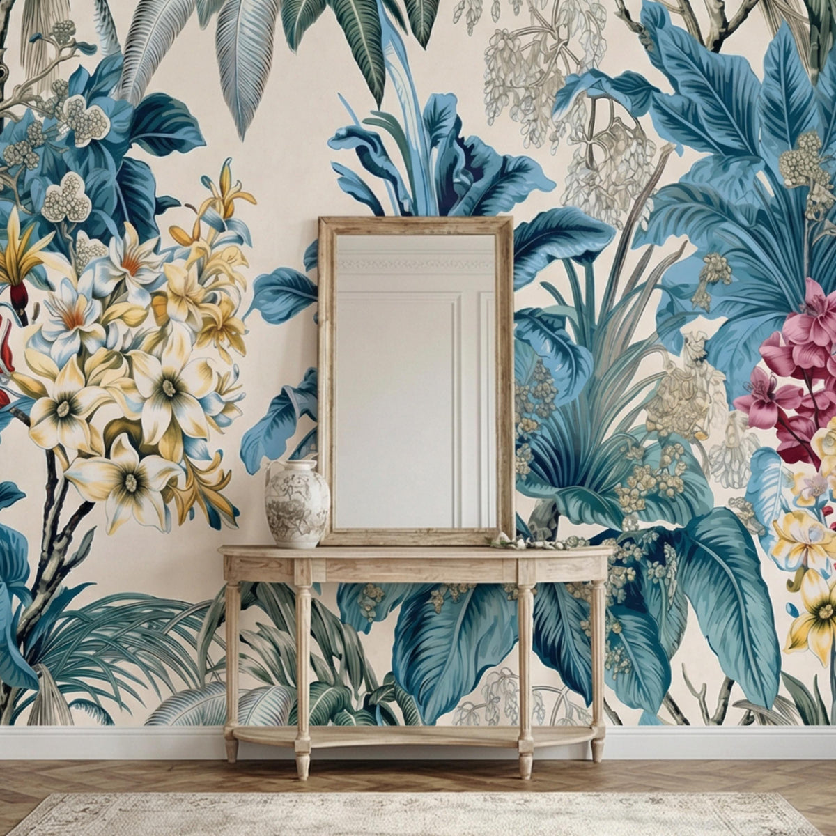 Cream wall mural with blue banana leaves, orchid-like blooms, and ornate pale florals