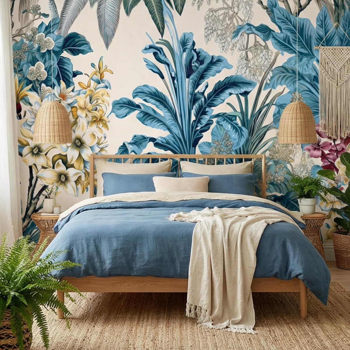 Cream wall mural with large blue tropical leaves and pale floral vines