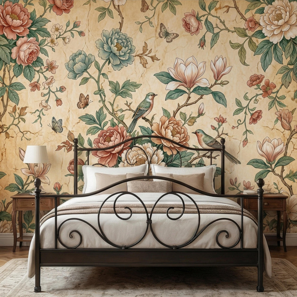 Floral bird and butterfly wall mural with layered blossoms on antique parchment