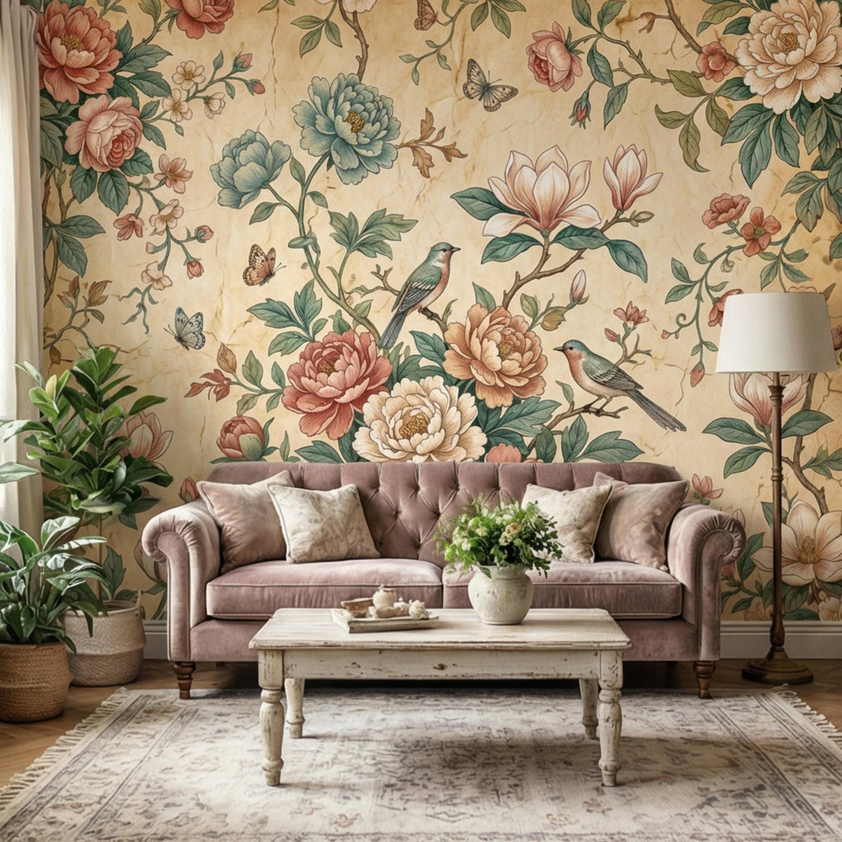Floral bird and butterfly wall mural with peony, magnolia, and leaves on antique parchment