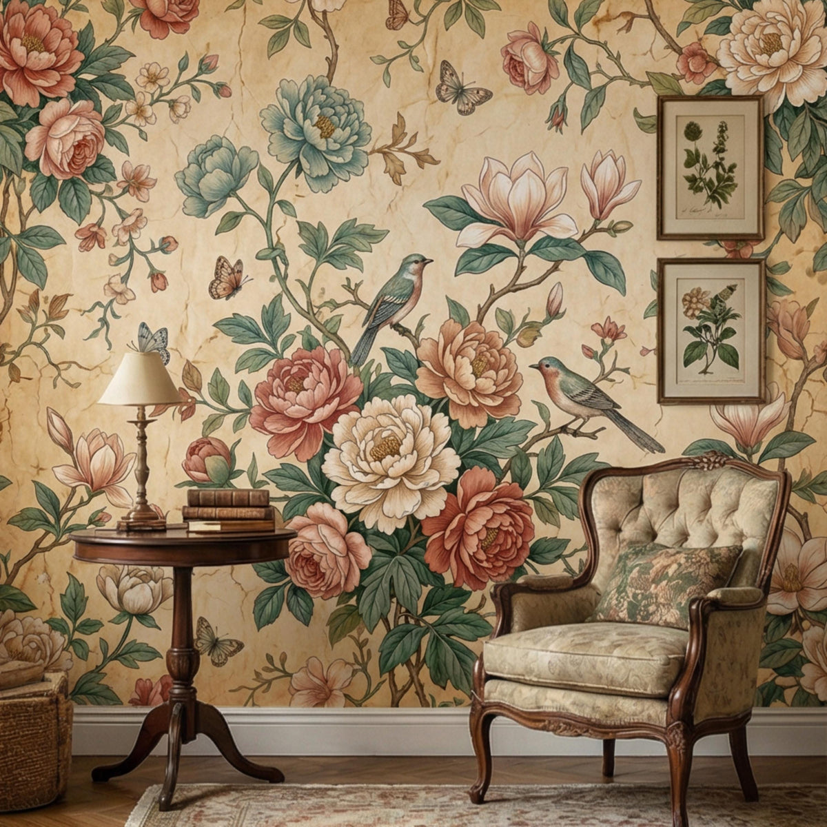 Floral bird wall mural with butterflies, peonies, and magnolia blossoms on antique parchment