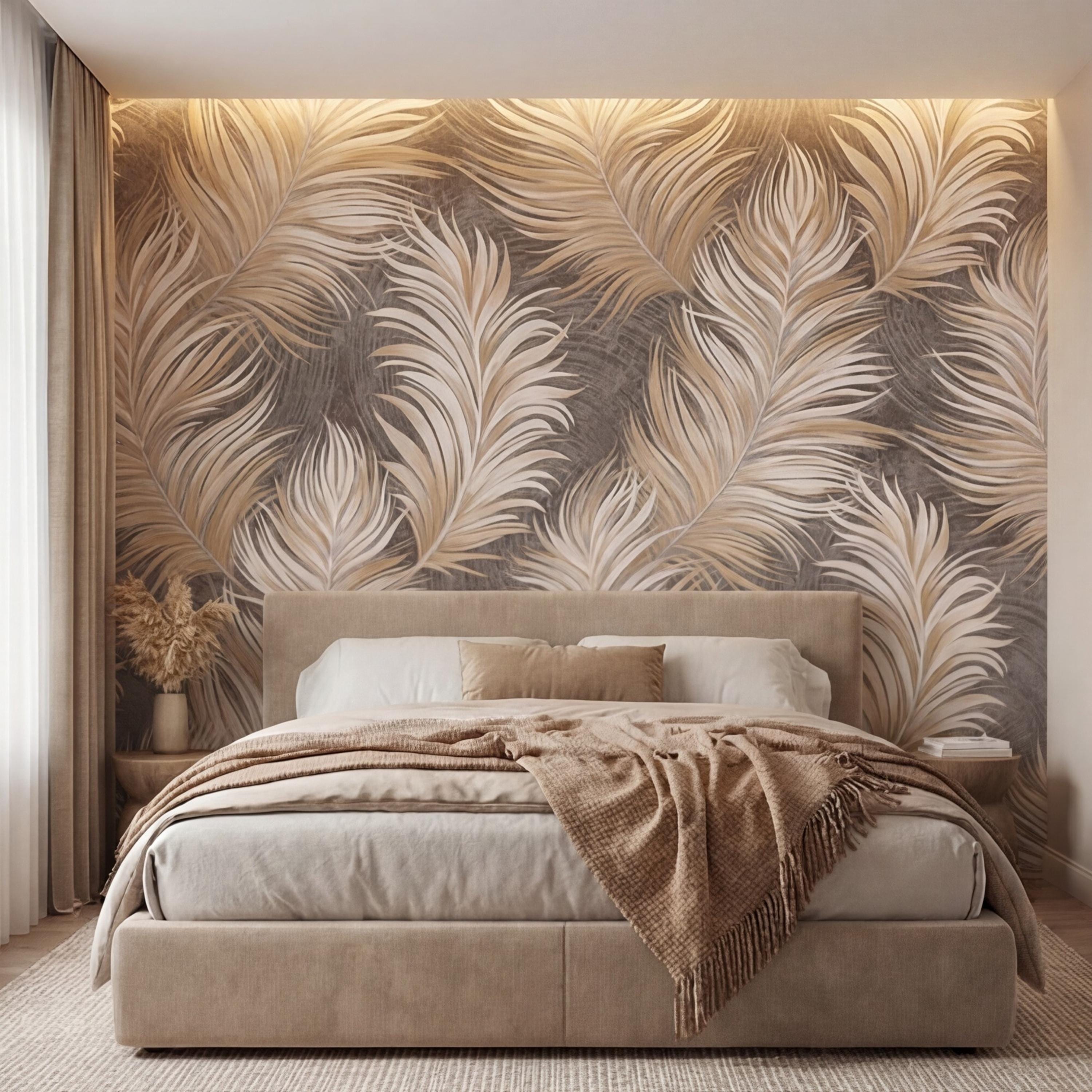 Beige Feather Peel and Stick Wall Mural, Soft Taupe Textured Feather Pattern Wallpaper, Neutral Boho Wall Art