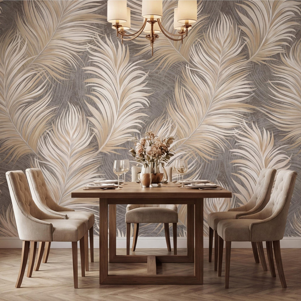 Beige Feather Peel and Stick Wall Mural, Soft Taupe Textured Feather Pattern Wallpaper, Neutral Boho Wall Art