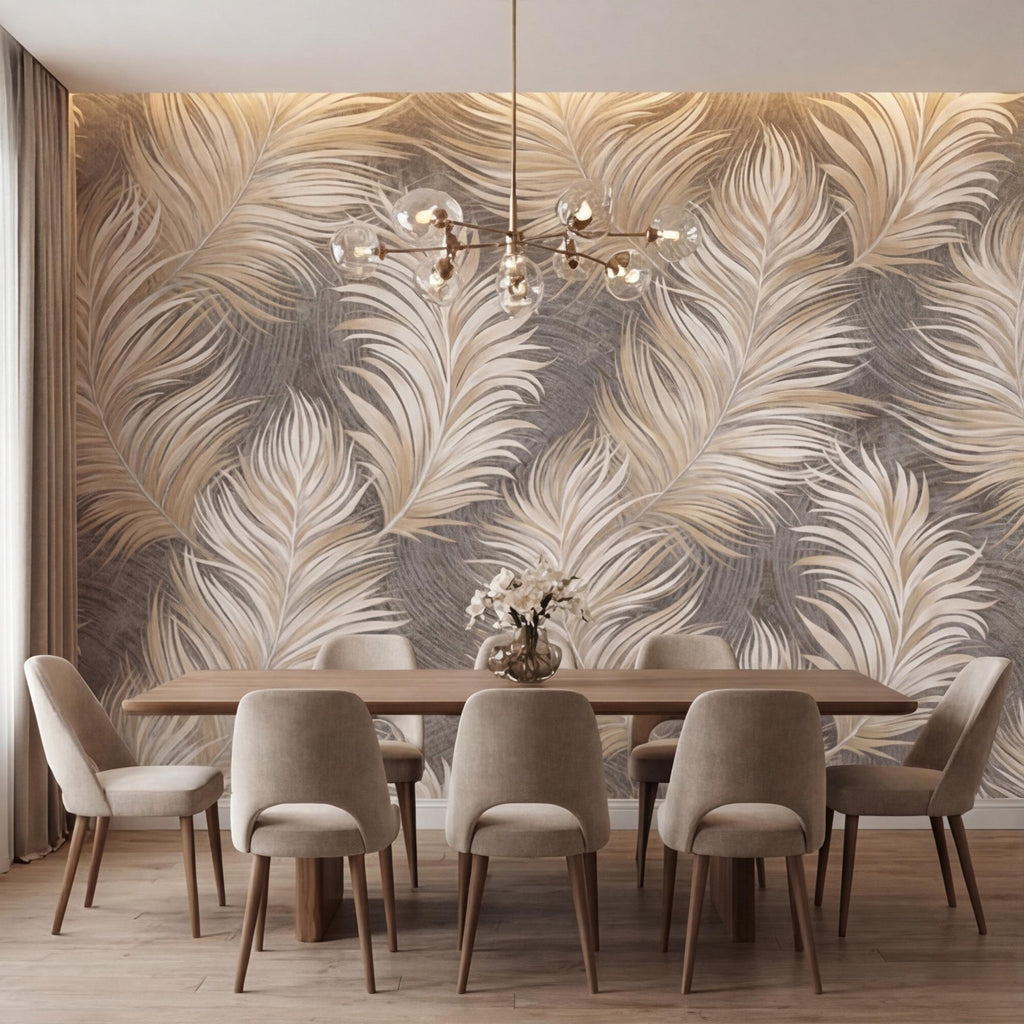 Beige Feather Peel and Stick Wall Mural, Soft Taupe Textured Feather Pattern Wallpaper, Neutral Boho Wall Art