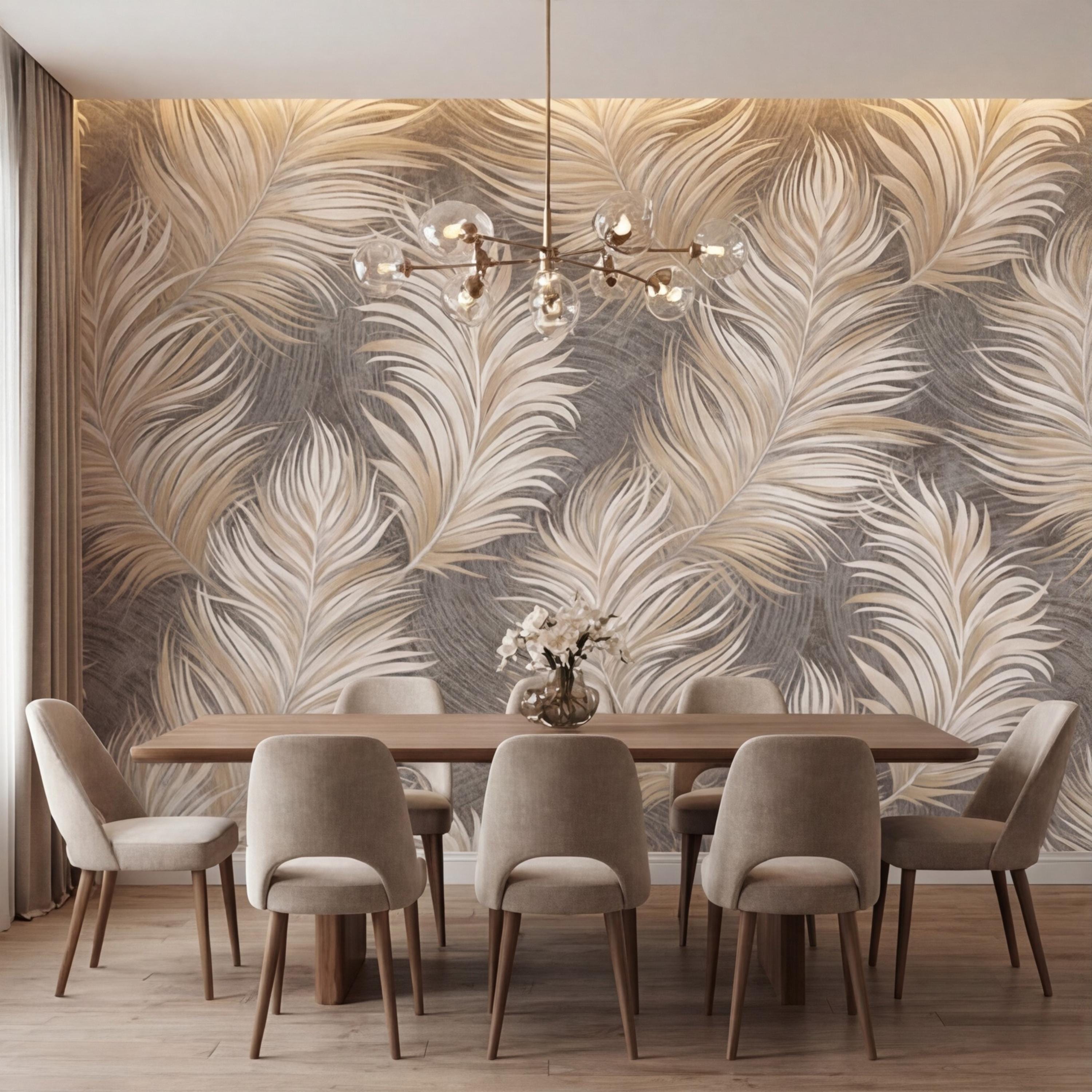 Beige Feather Peel and Stick Wall Mural, Soft Taupe Textured Feather Pattern Wallpaper, Neutral Boho Wall Art