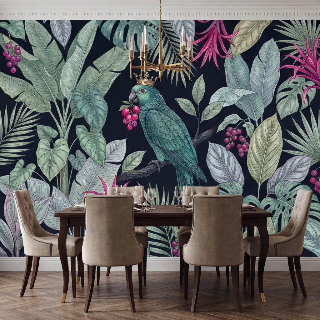 Dark Botanical Exotic Tropical Parrot Peel and Stick Wall Mural, Jungle Leaves Wallpaper, Tropical Bird Wall Art, Dark Green Boho Wall Decor