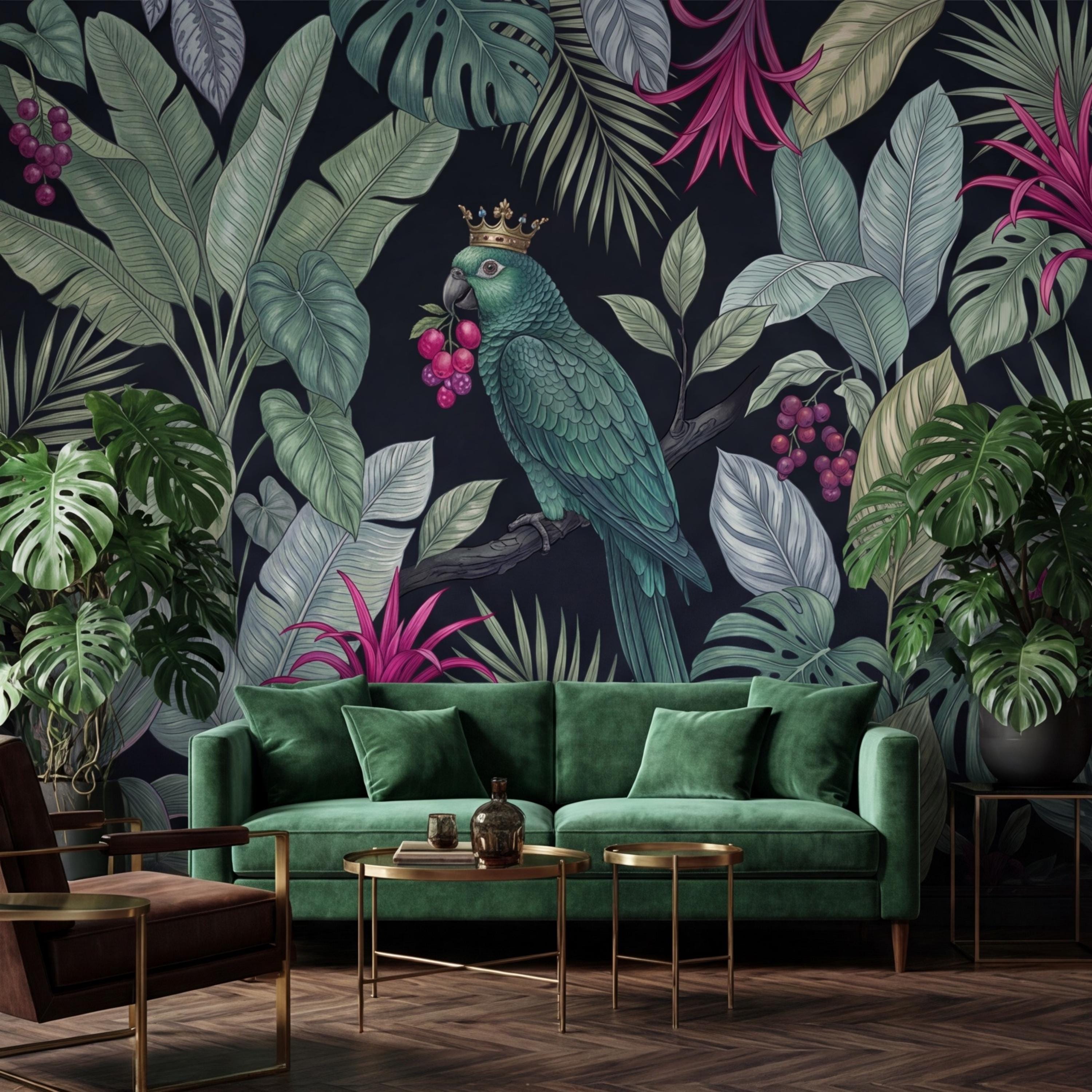 Dark Botanical Exotic Tropical Parrot Peel and Stick Wall Mural, Jungle Leaves Wallpaper, Tropical Bird Wall Art, Dark Green Boho Wall Decor