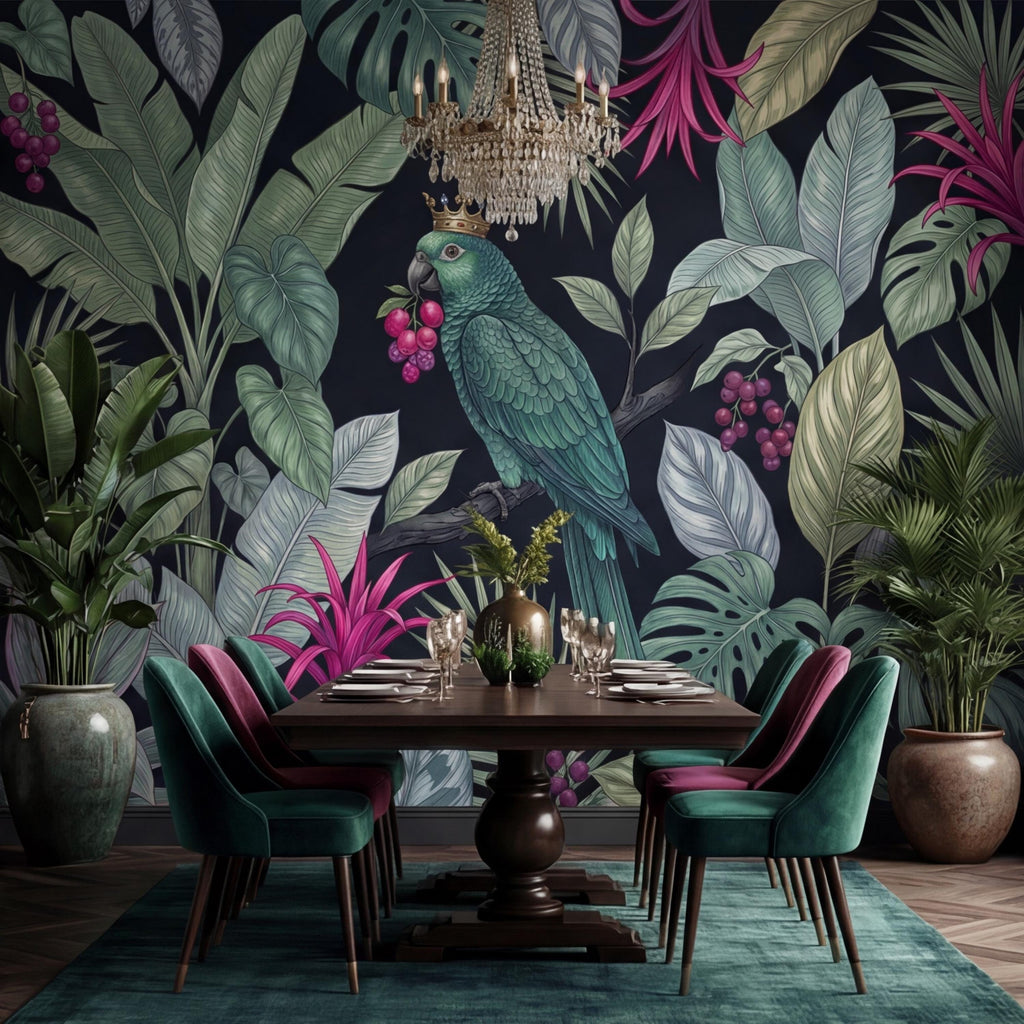 Dark Botanical Exotic Tropical Parrot Peel and Stick Wall Mural, Jungle Leaves Wallpaper, Tropical Bird Wall Art, Dark Green Boho Wall Decor