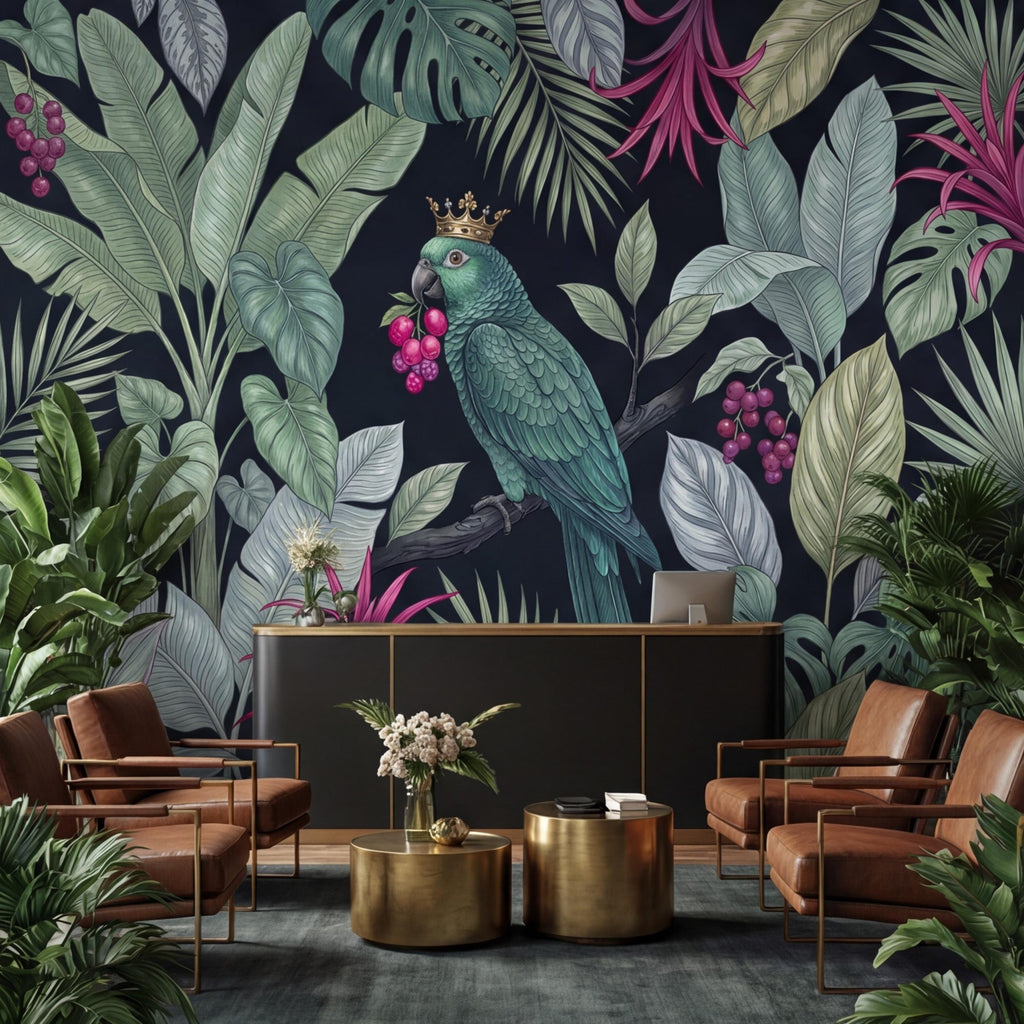 Dark Botanical Exotic Tropical Parrot Peel and Stick Wall Mural, Jungle Leaves Wallpaper, Tropical Bird Wall Art, Dark Green Boho Wall Decor