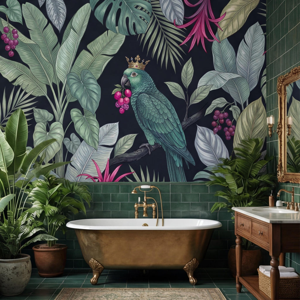 Dark Botanical Exotic Tropical Parrot Peel and Stick Wall Mural, Jungle Leaves Wallpaper, Tropical Bird Wall Art, Dark Green Boho Wall Decor