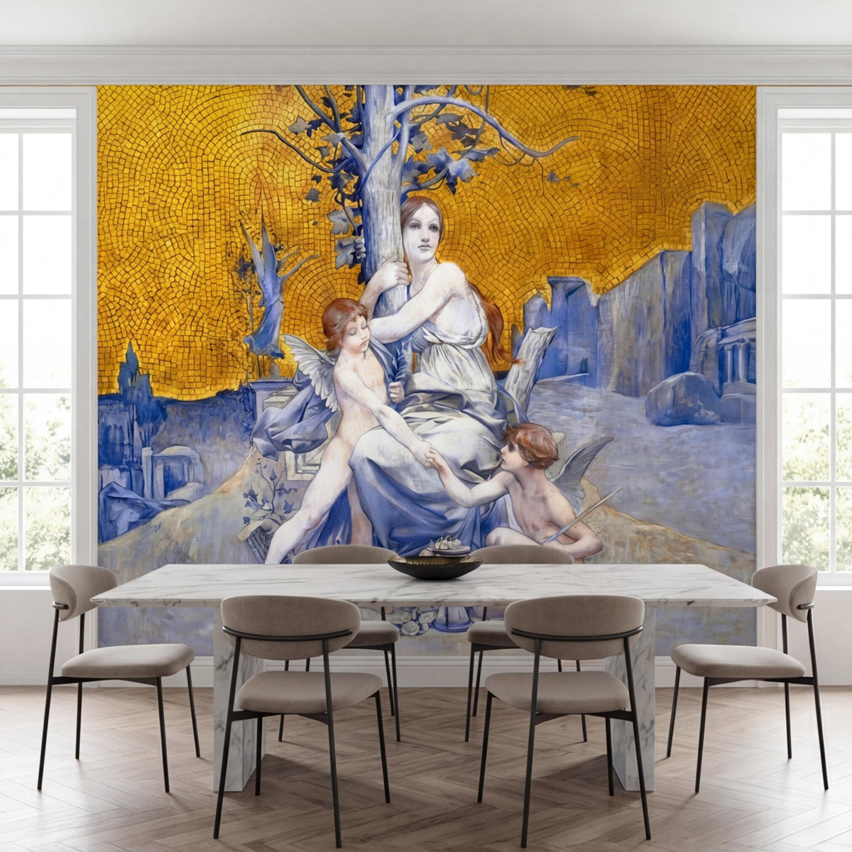 Wall mural panel with angel goddess, blue cherubs, and golden mosaic sky