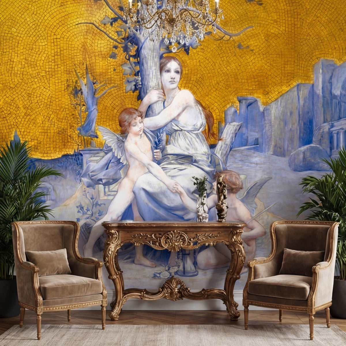 Wall mural with renaissance angel goddess, blue cherubs, and golden mosaic sky