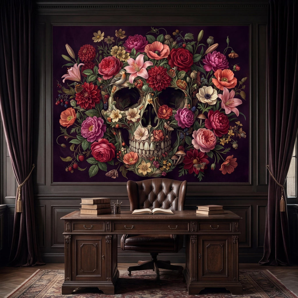 Floral Skull Peel and Stick Wall Mural, Dark Botanical Gothic Wallpaper, Romantic Macabre Skull Wall Art Decor