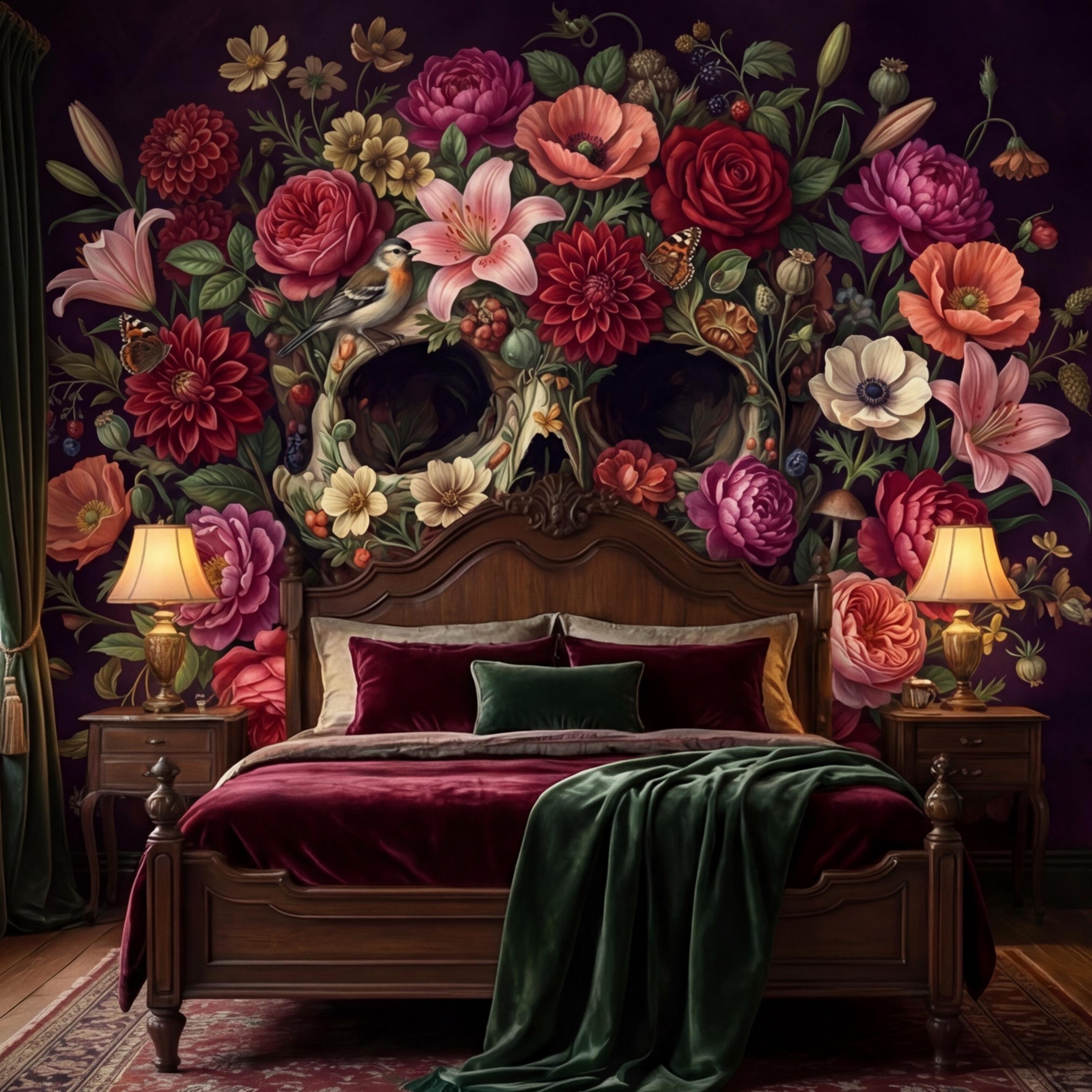 Floral Skull Peel and Stick Wall Mural, Dark Botanical Gothic Wallpaper, Romantic Macabre Skull Wall Art Decor