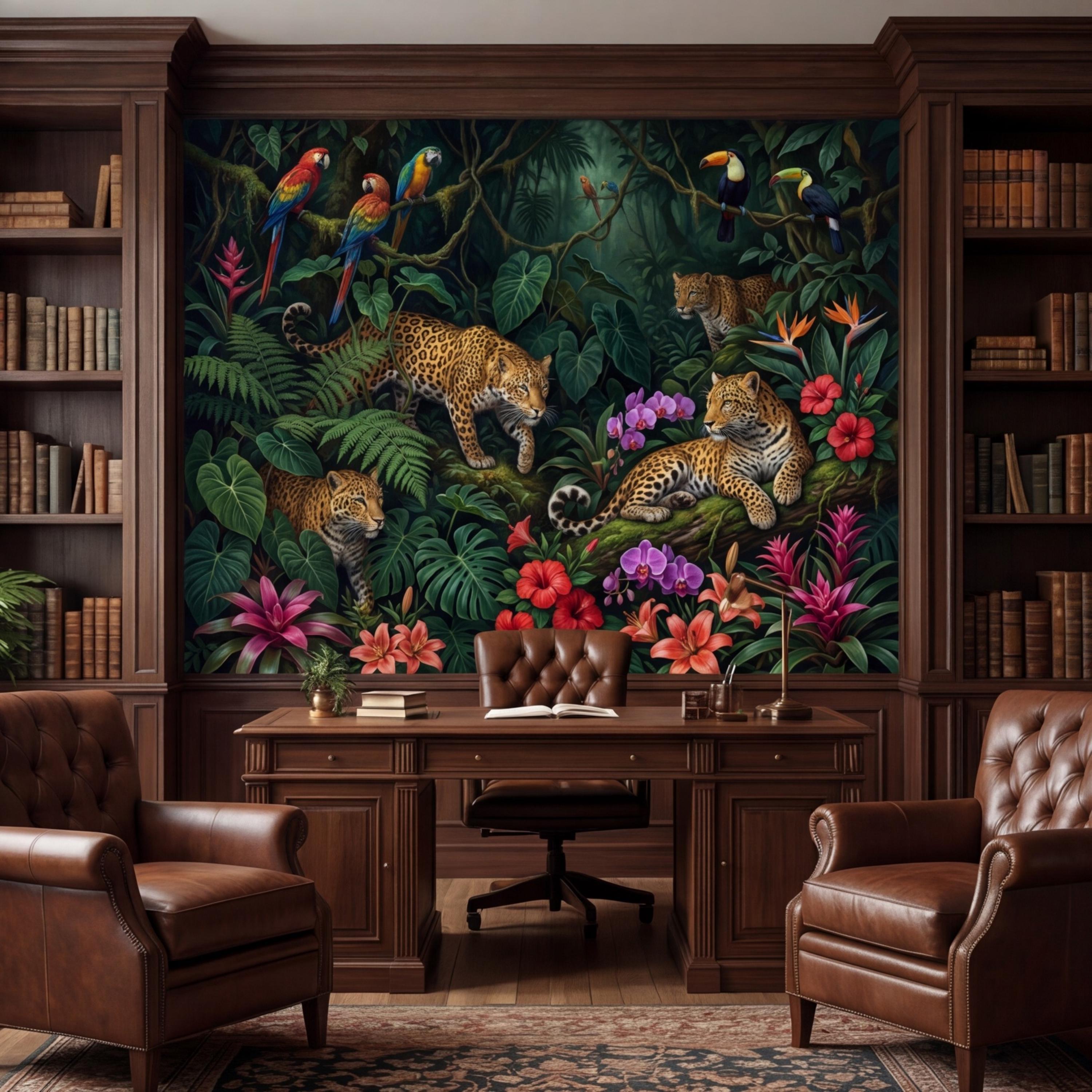 Tropical Jungle Leopard Peel and Stick Wall Mural, Dark Rainforest Parrot Wallpaper, Exotic Botanical Wall Art
