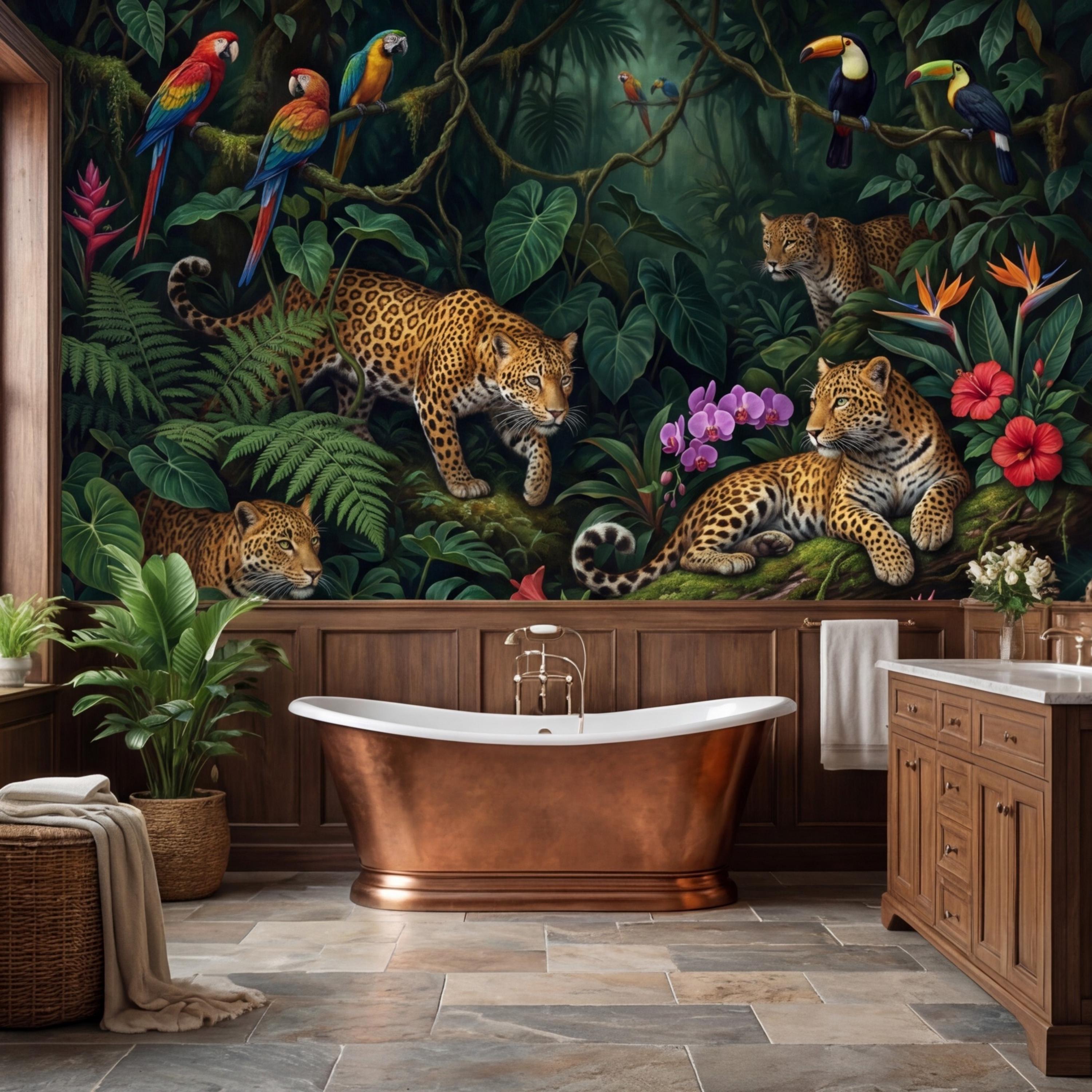 Tropical Jungle Leopard Peel and Stick Wall Mural, Dark Rainforest Parrot Wallpaper, Exotic Botanical Wall Art