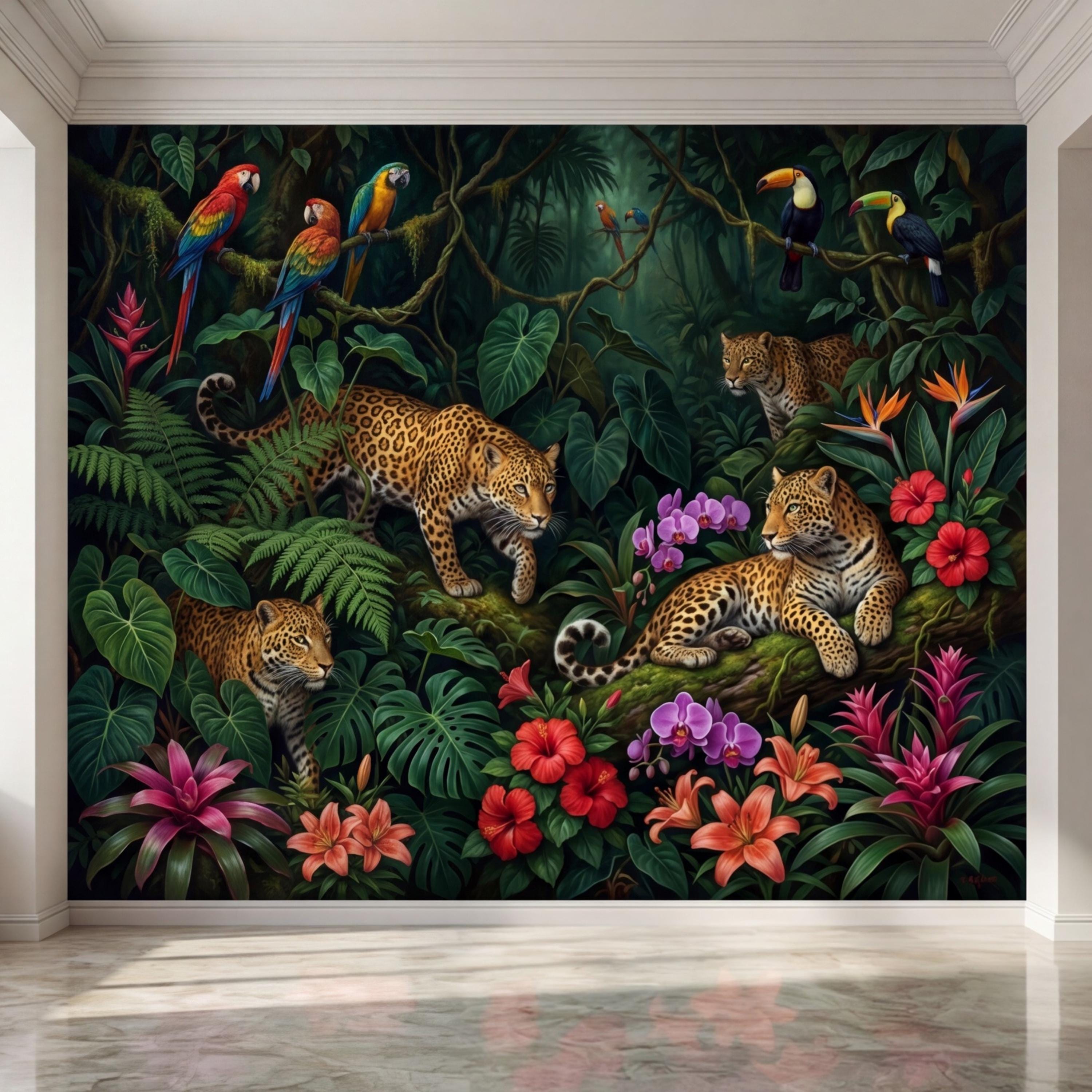 Tropical Jungle Leopard Peel and Stick Wall Mural, Dark Rainforest Parrot Wallpaper, Exotic Botanical Wall Art