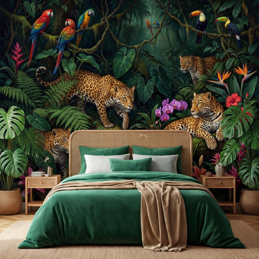 Tropical Jungle Leopard Peel and Stick Wall Mural, Dark Rainforest Parrot Wallpaper, Exotic Botanical Wall Art