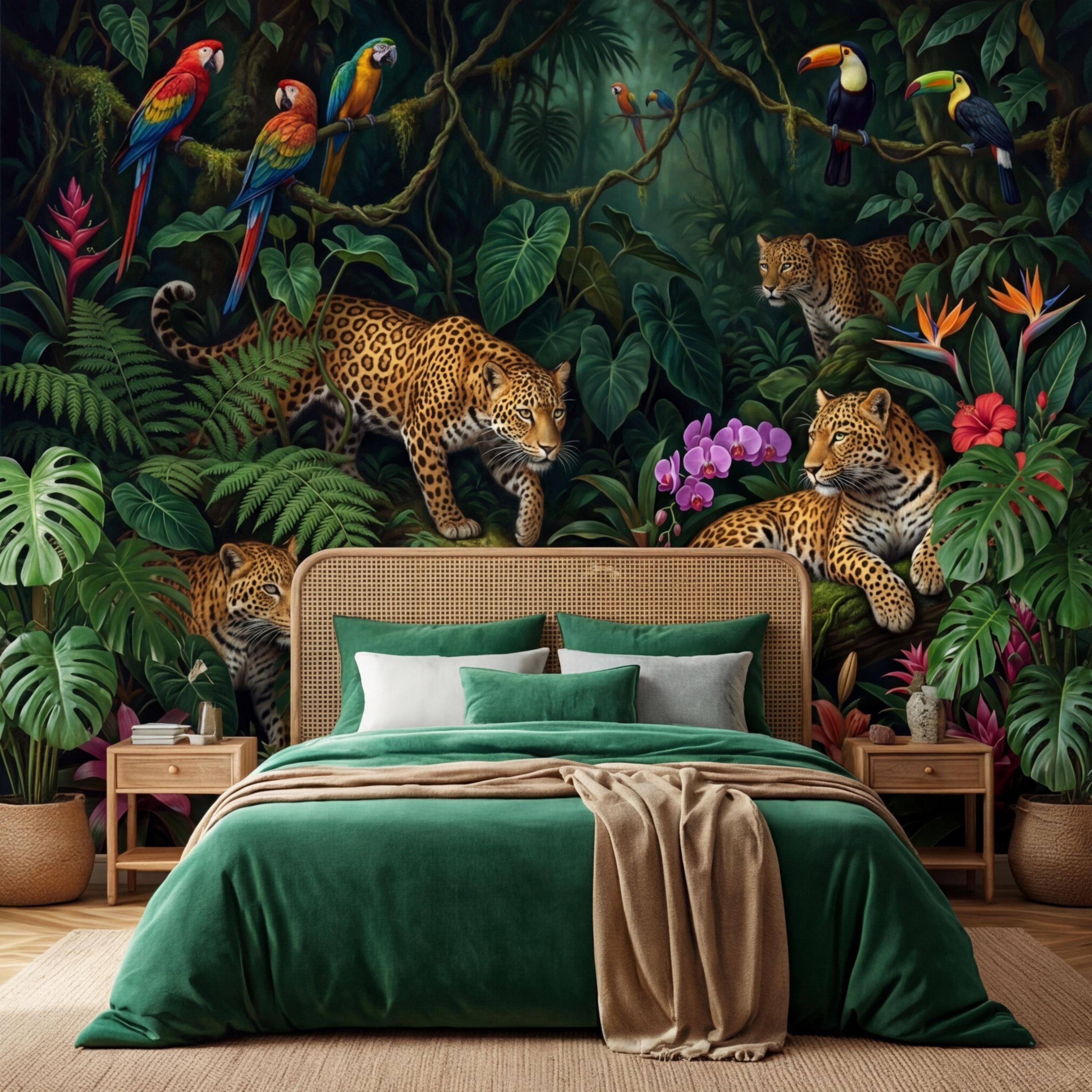 Tropical Jungle Leopard Peel and Stick Wall Mural, Dark Rainforest Parrot Wallpaper, Exotic Botanical Wall Art