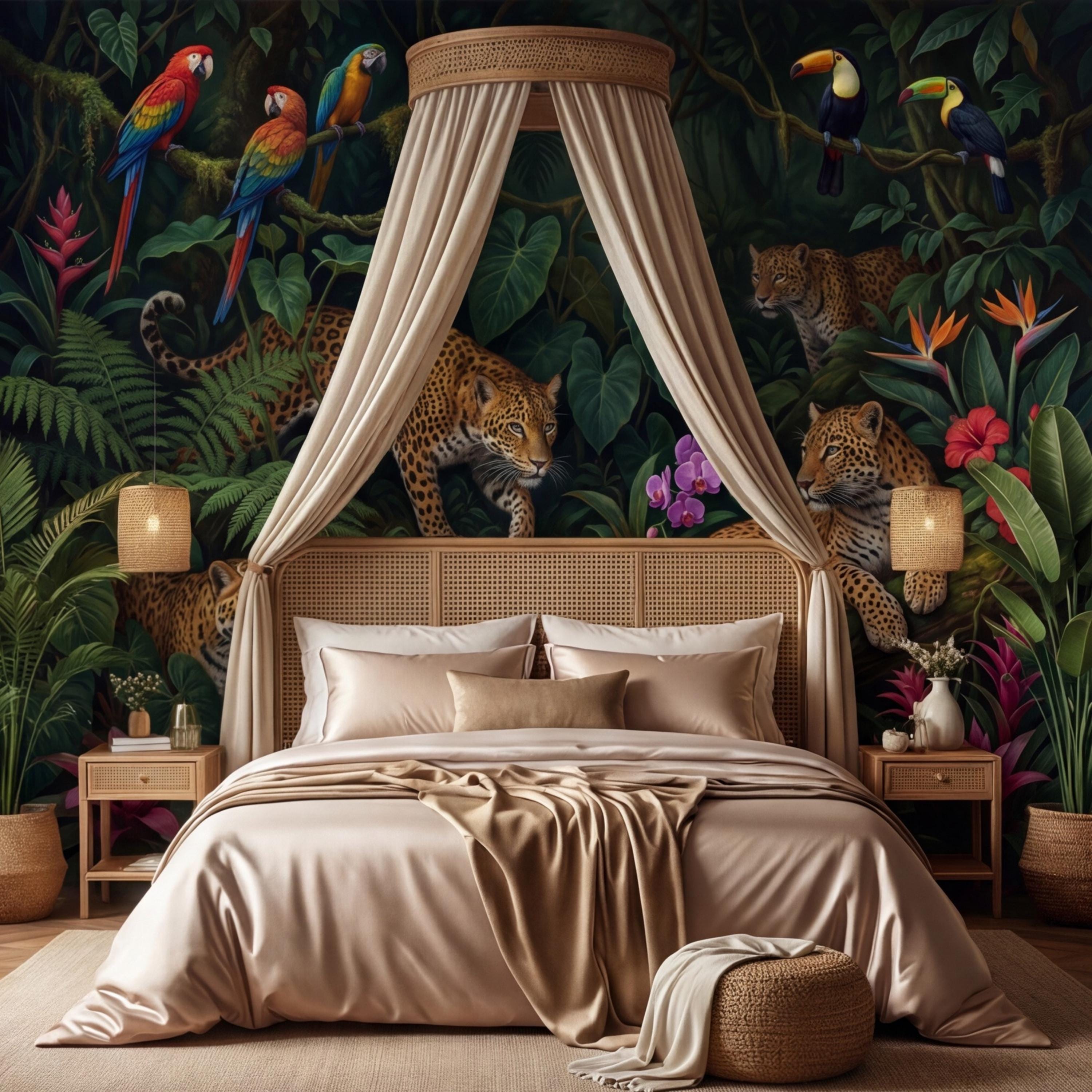 Tropical Jungle Leopard Peel and Stick Wall Mural, Dark Rainforest Parrot Wallpaper, Exotic Botanical Wall Art