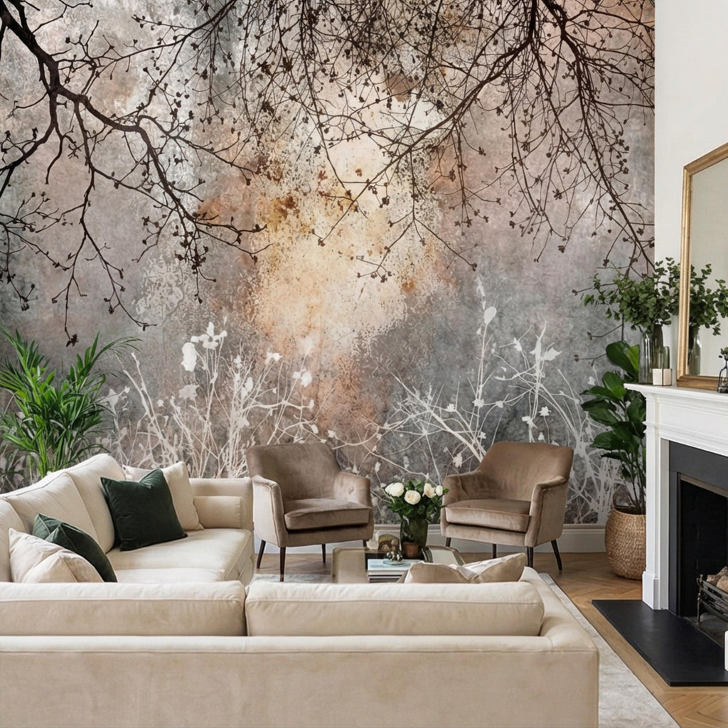 Moody Winter Branches Abstract ForestPeel and Stick Wall Mural, Rustic Distressed Texture Neutral Gray Beige Wallpaper