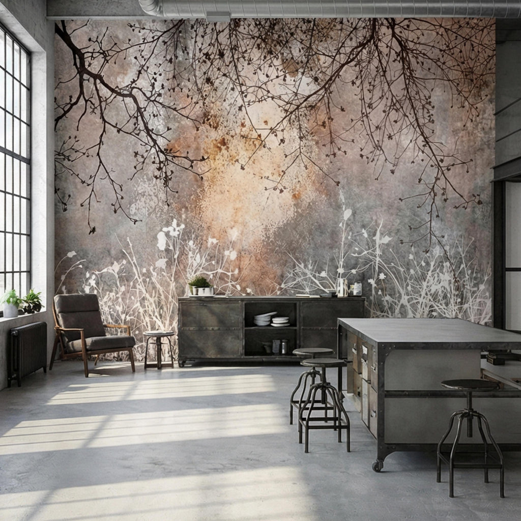 Moody Winter Branches Abstract ForestPeel and Stick Wall Mural, Rustic Distressed Texture Neutral Gray Beige Wallpaper