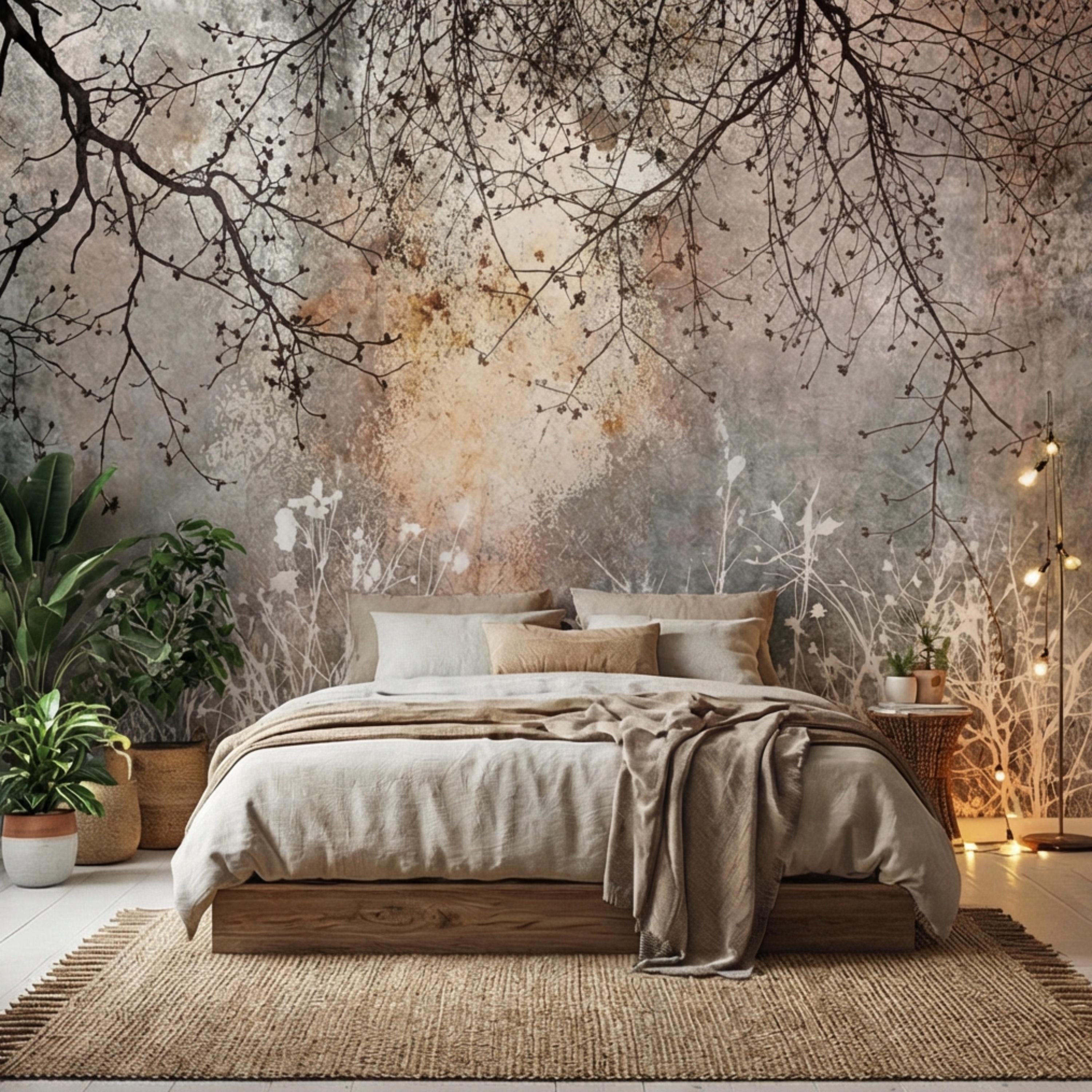 Moody Winter Branches Abstract ForestPeel and Stick Wall Mural, Rustic Distressed Texture Neutral Gray Beige Wallpaper