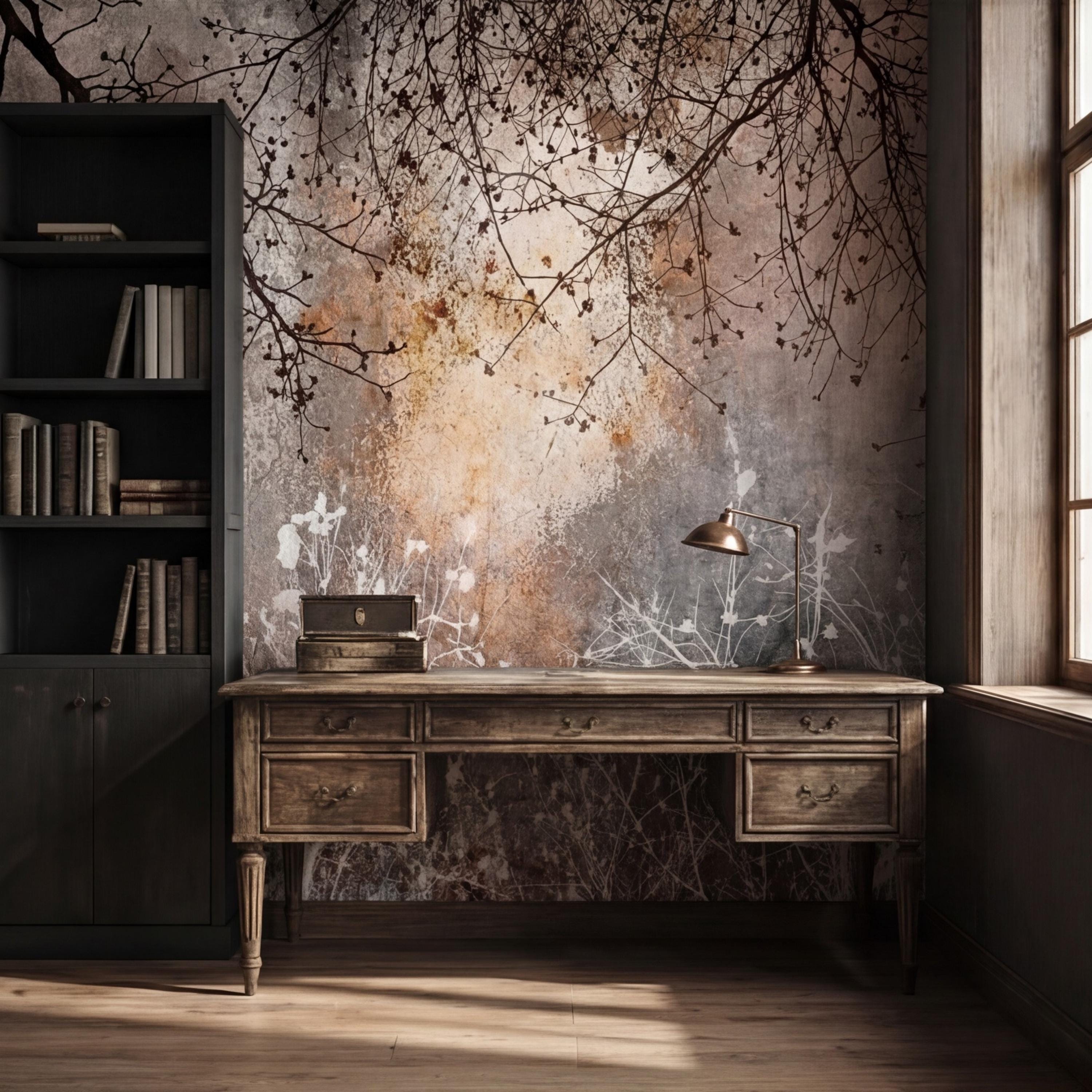 Moody Winter Branches Abstract ForestPeel and Stick Wall Mural, Rustic Distressed Texture Neutral Gray Beige Wallpaper