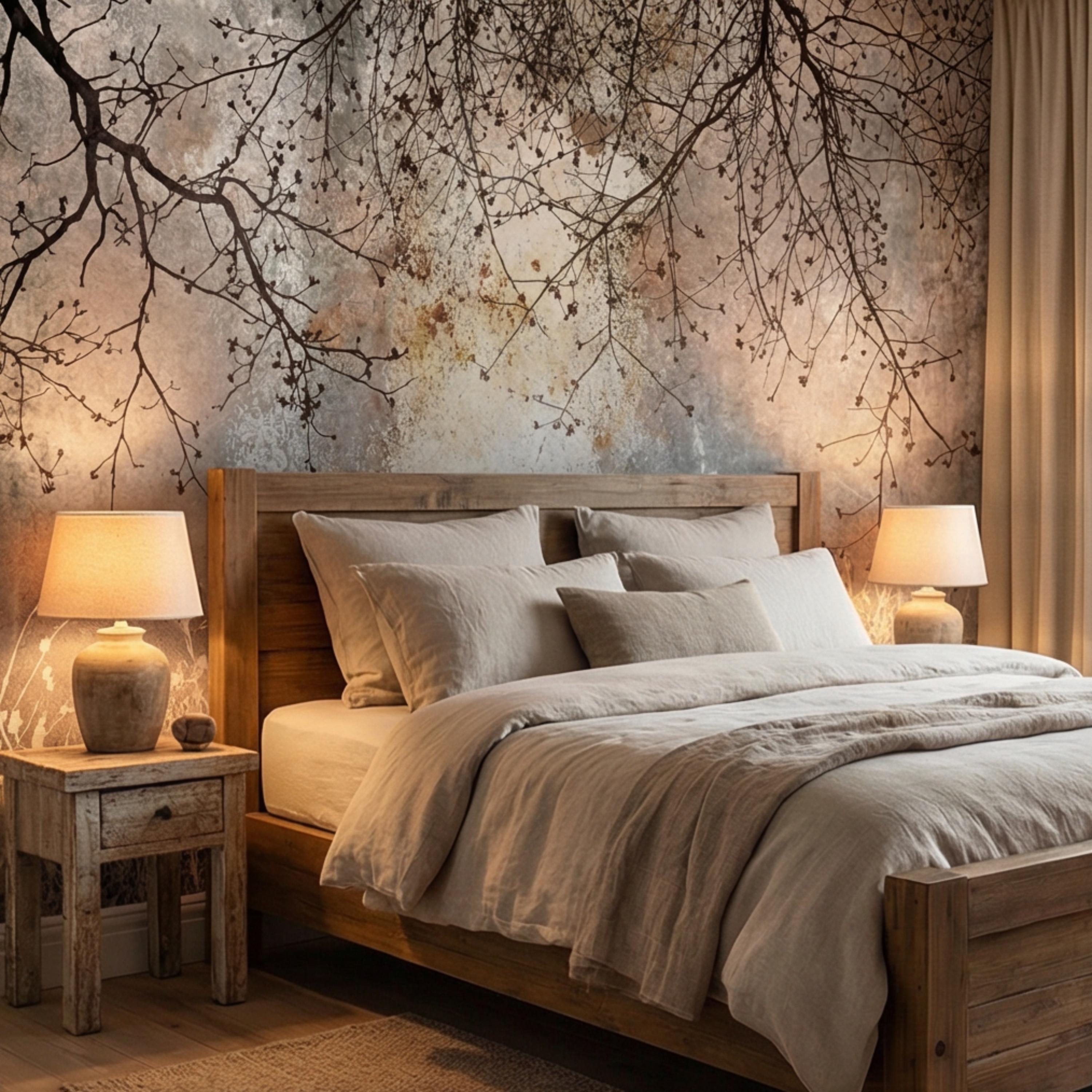 Moody Winter Branches Abstract ForestPeel and Stick Wall Mural, Rustic Distressed Texture Neutral Gray Beige Wallpaper