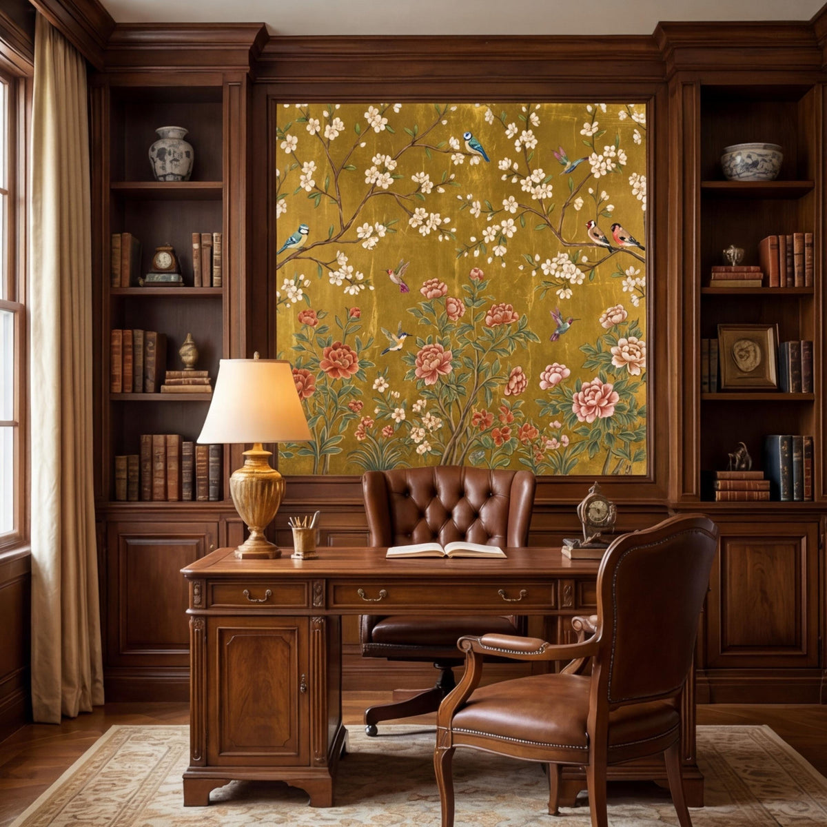 Gold floral bird wall mural with white flowers, pink blossoms, and colorful birds
