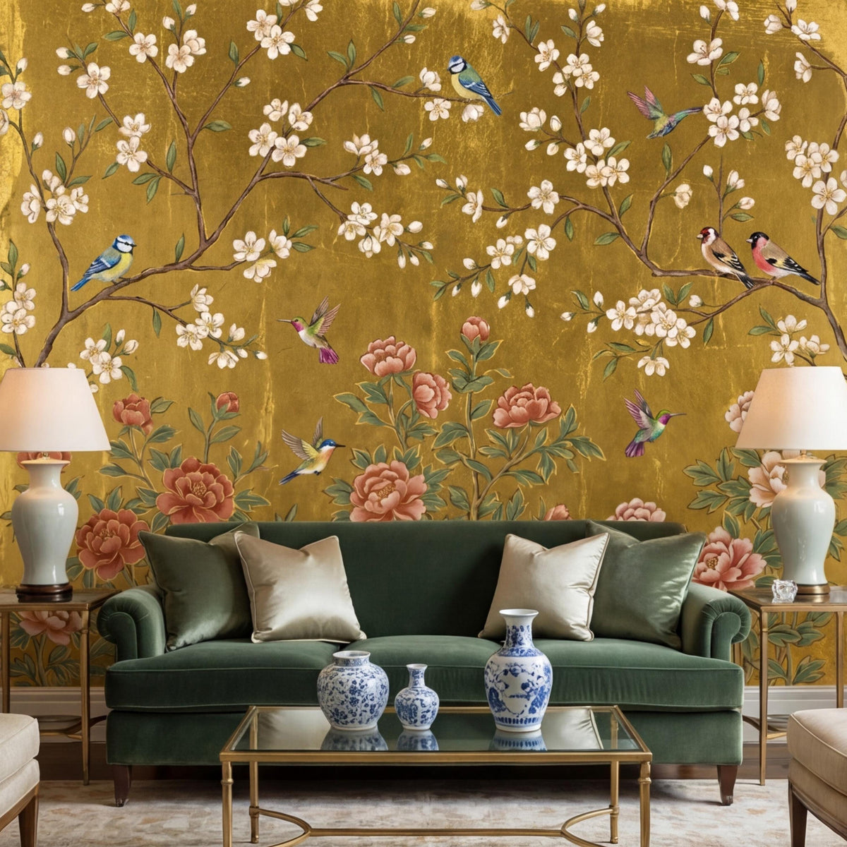 Gold vintage floral wall mural with white blossoms and colorful songbirds on branches