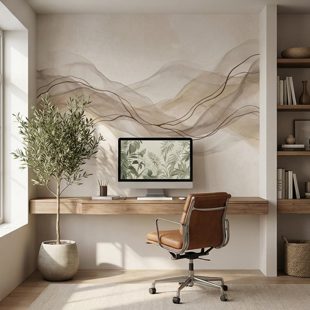 Minimalist Neutral Abstract Watercolor Waves Peel and Stick Wall Mural, Beige Taupe Line Art Modern Japandi Boho Wallpaper