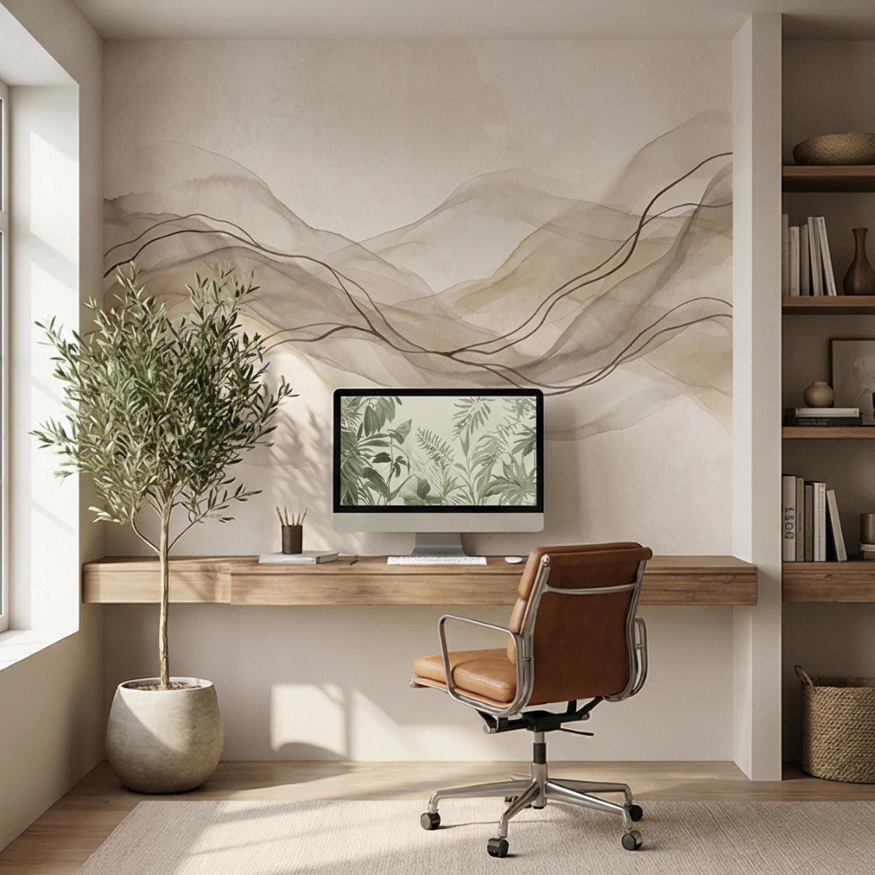 Minimalist Neutral Abstract Watercolor Waves Peel and Stick Wall Mural, Beige Taupe Line Art Modern Japandi Boho Wallpaper