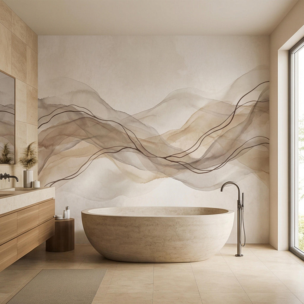 Minimalist Neutral Abstract Watercolor Waves Peel and Stick Wall Mural, Beige Taupe Line Art Modern Japandi Boho Wallpaper