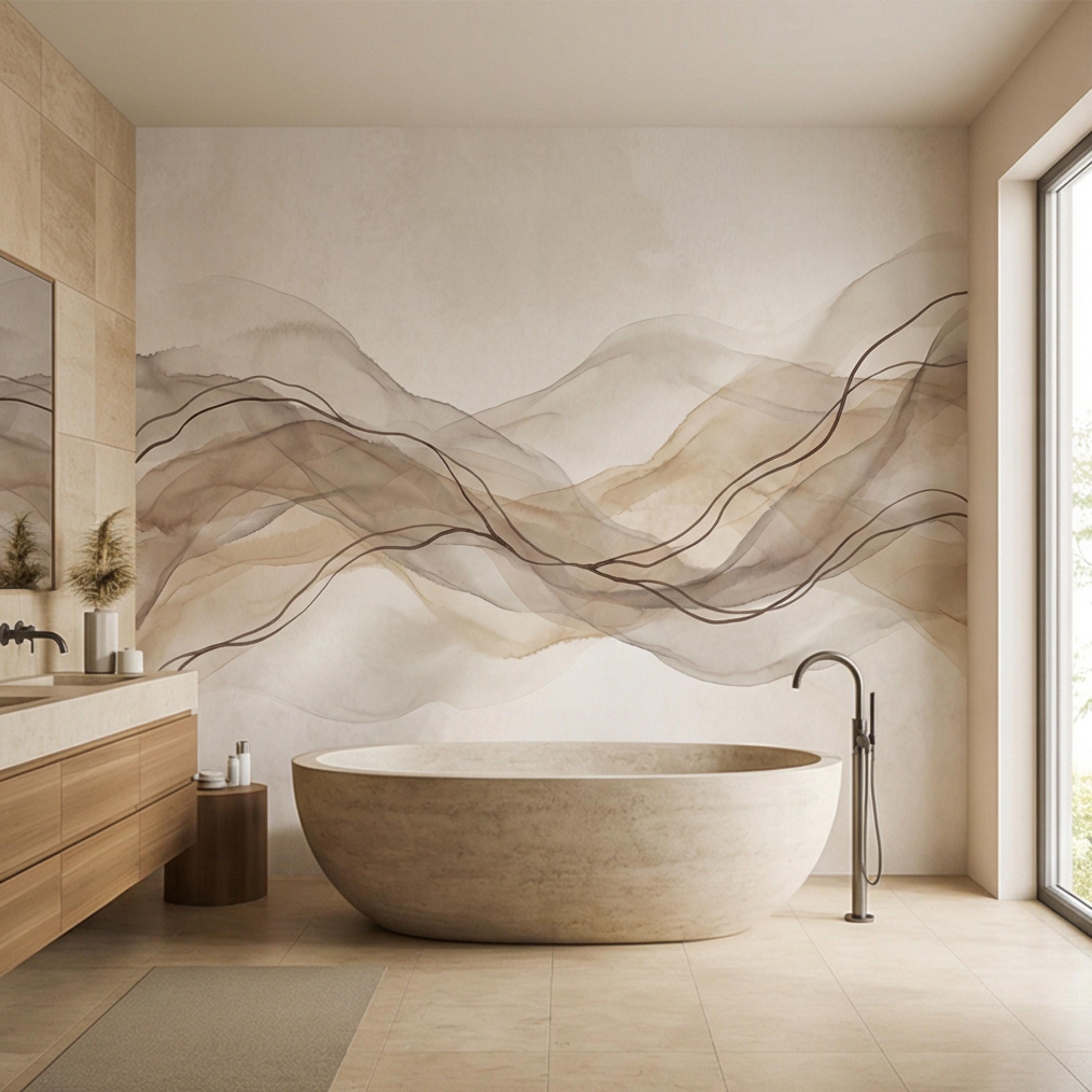 Minimalist Neutral Abstract Watercolor Waves Peel and Stick Wall Mural, Beige Taupe Line Art Modern Japandi Boho Wallpaper