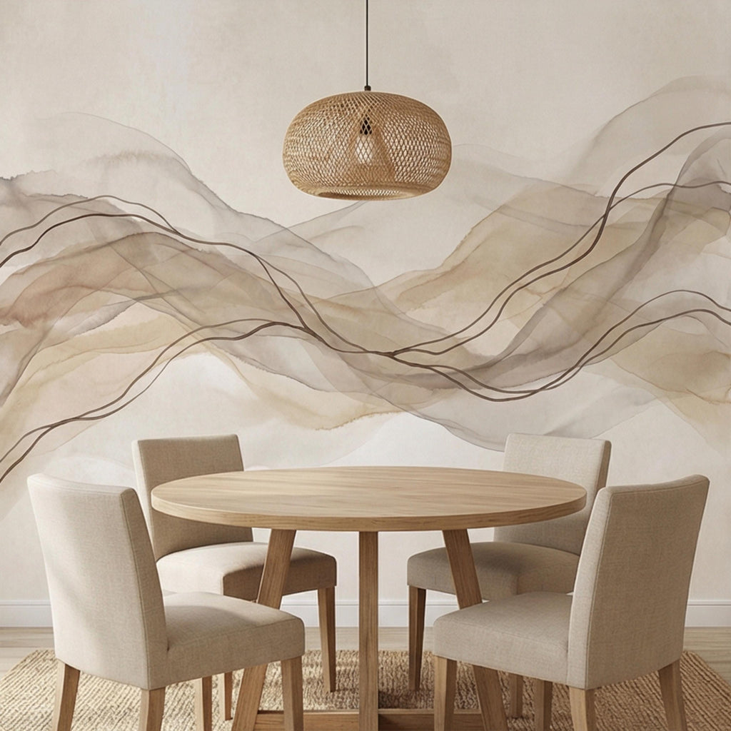 Minimalist Neutral Abstract Watercolor Waves Peel and Stick Wall Mural, Beige Taupe Line Art Modern Japandi Boho Wallpaper