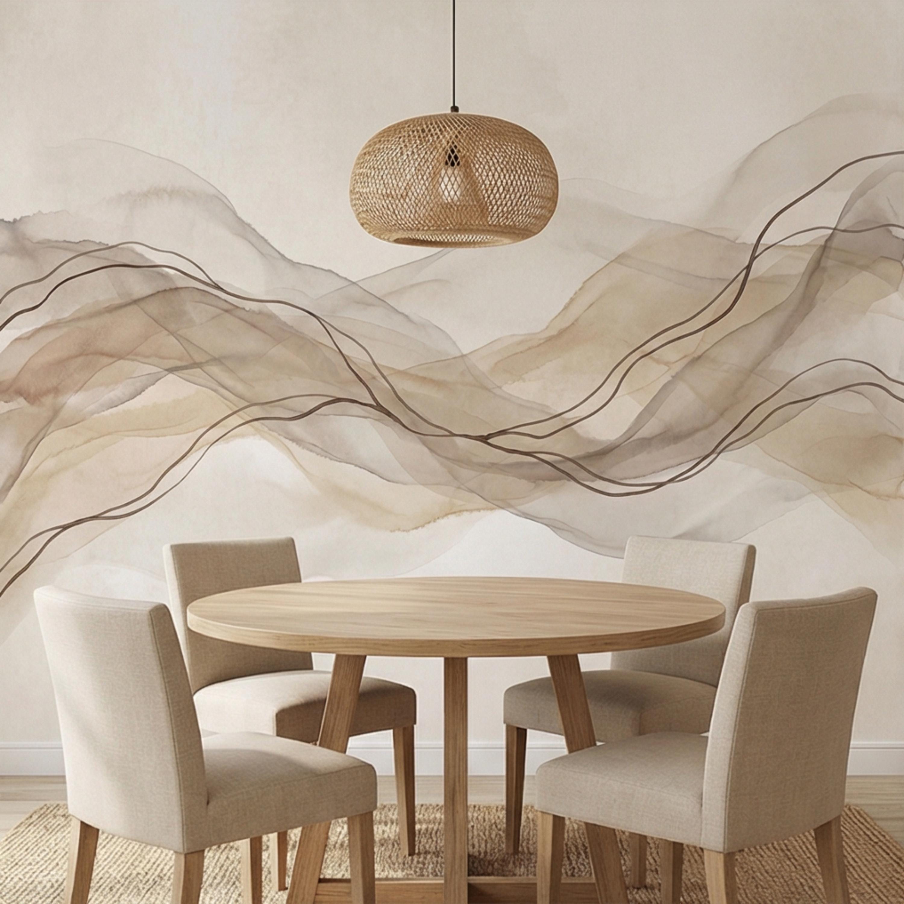Minimalist Neutral Abstract Watercolor Waves Peel and Stick Wall Mural, Beige Taupe Line Art Modern Japandi Boho Wallpaper