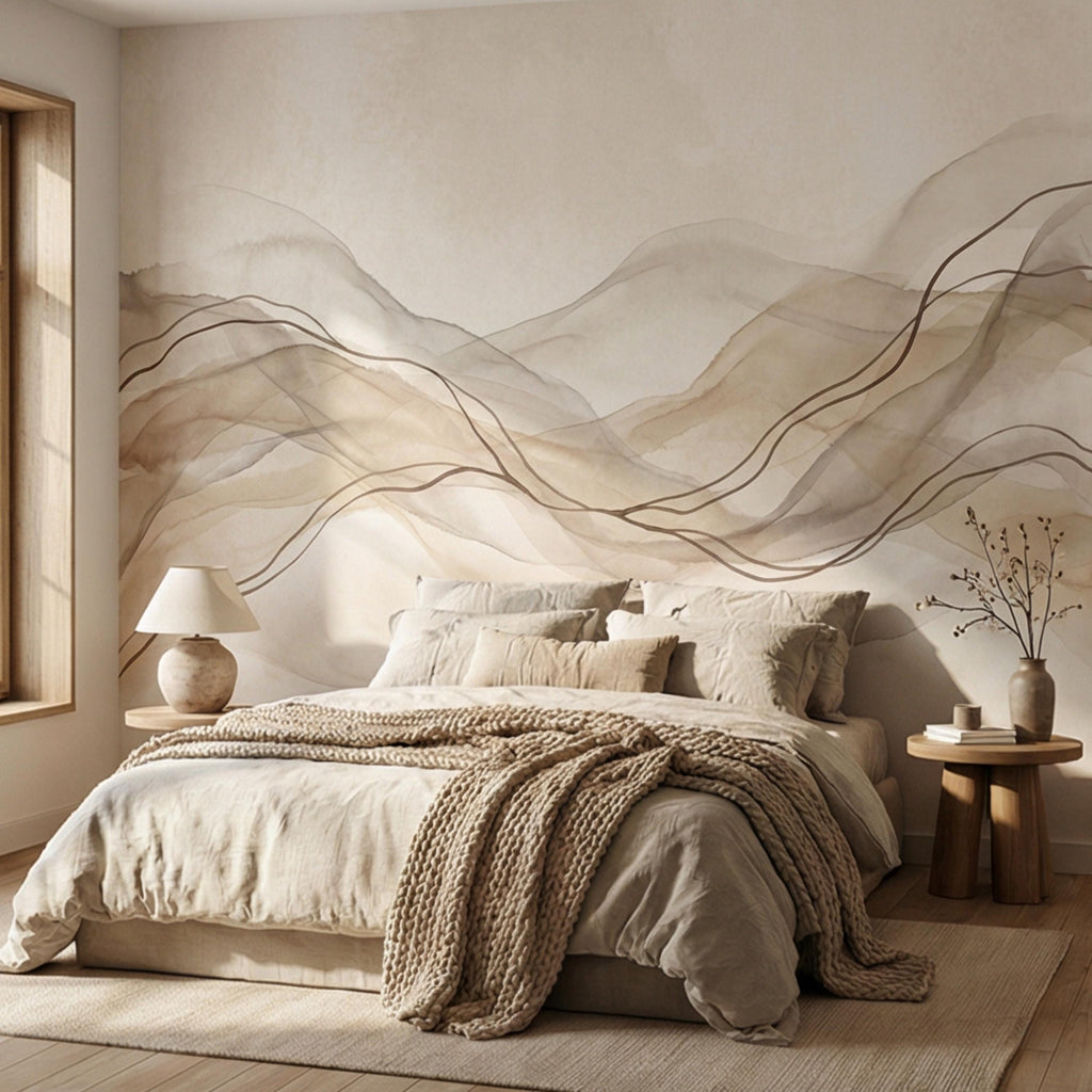 Minimalist Neutral Abstract Watercolor Waves Peel and Stick Wall Mural, Beige Taupe Line Art Modern Japandi Boho Wallpaper