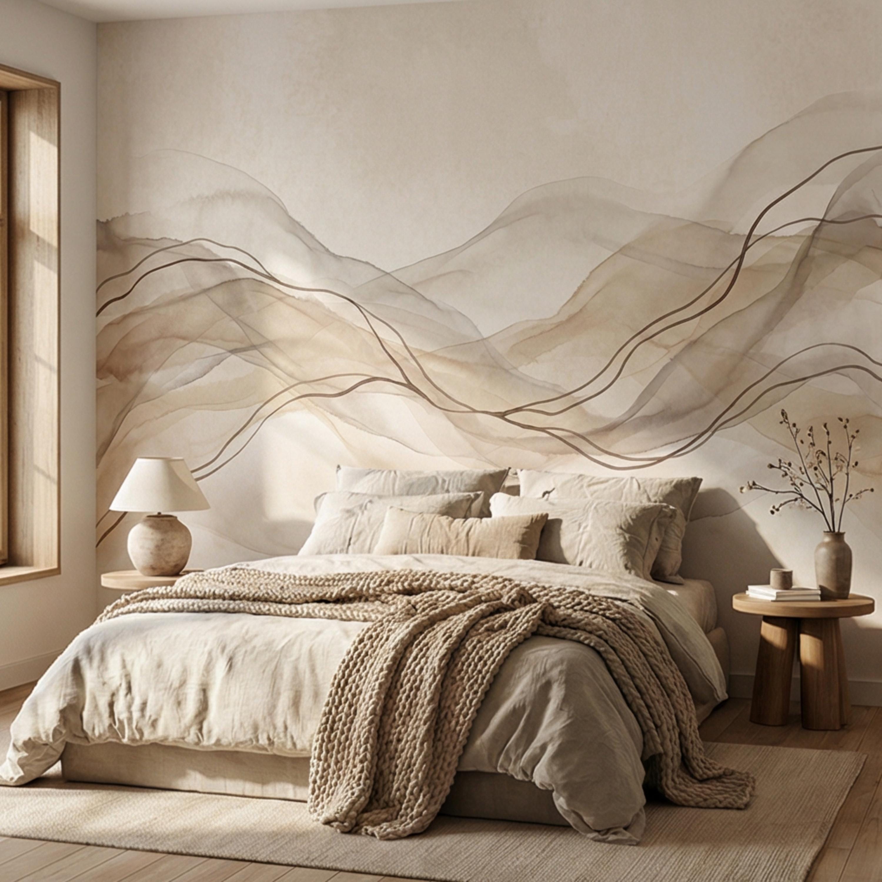 Minimalist Neutral Abstract Watercolor Waves Peel and Stick Wall Mural, Beige Taupe Line Art Modern Japandi Boho Wallpaper