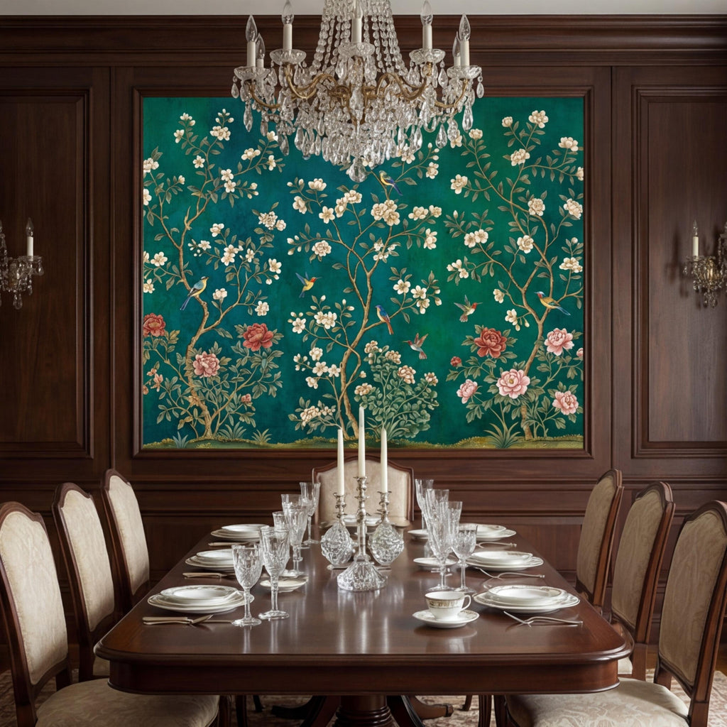 Emerald Chinoiserie Bird Blossom Peel and Stick Wall Mural, Asian Floral Wallpaper, Hummingbird Wall Art